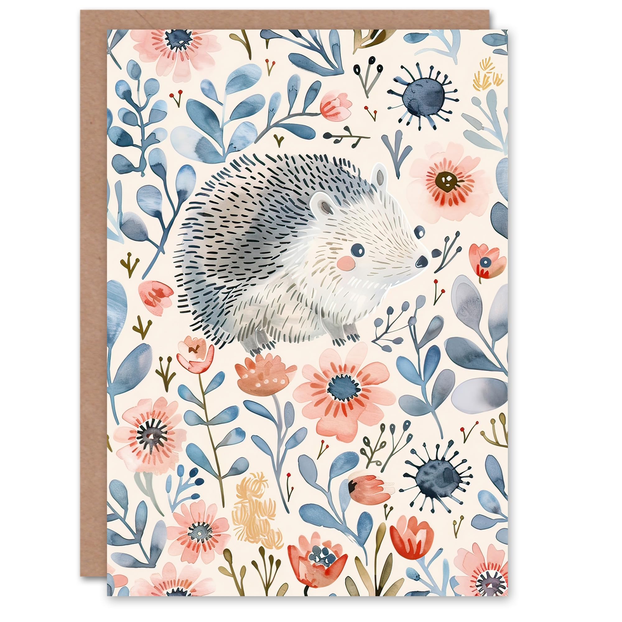 Greeting Card Cute Hedgehog with Blue Pink Flowers Watercolour Birthday