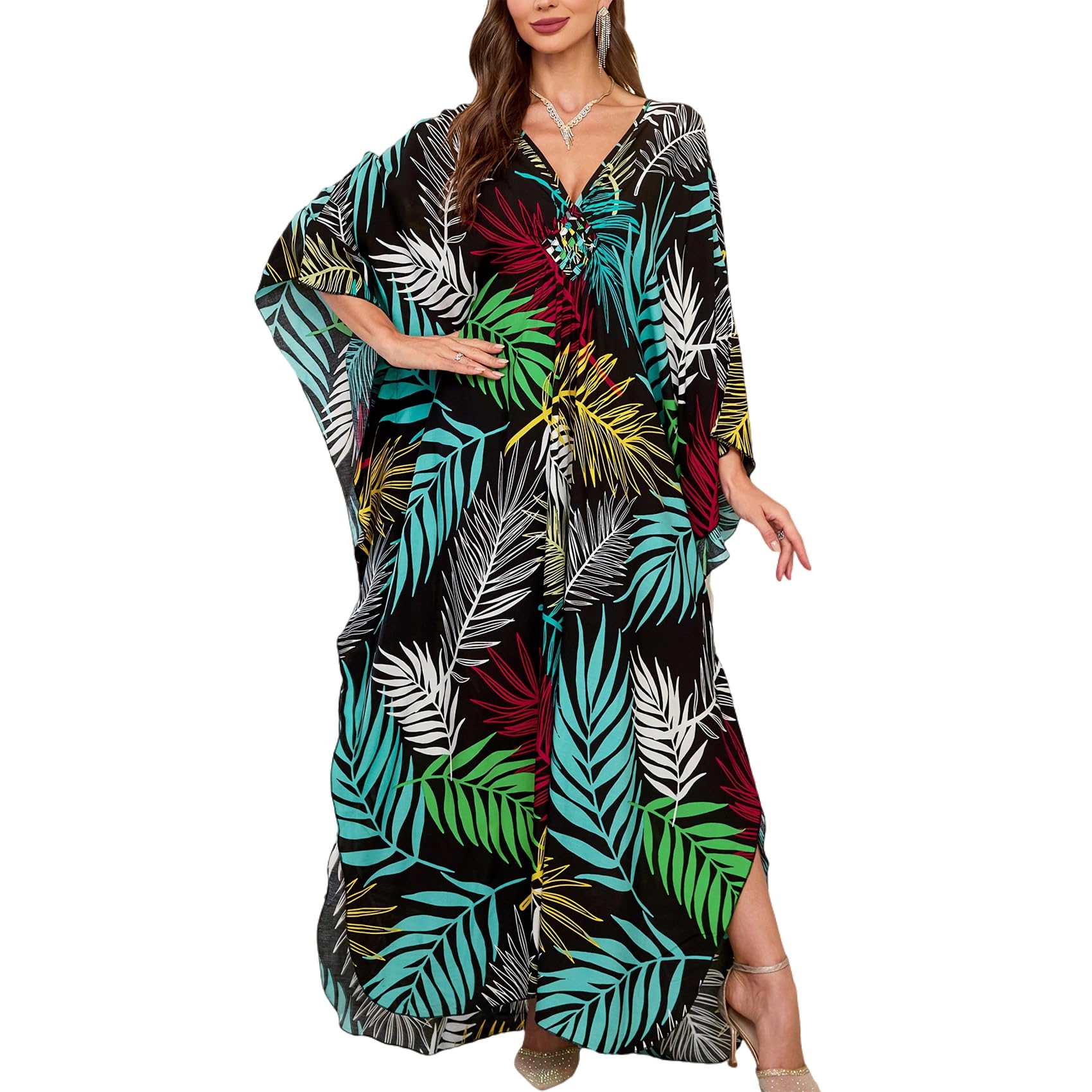 KAICAILA Bohemian Maxi Caftan Dress - Black with Colorful Leaves for Beach & Loungewear