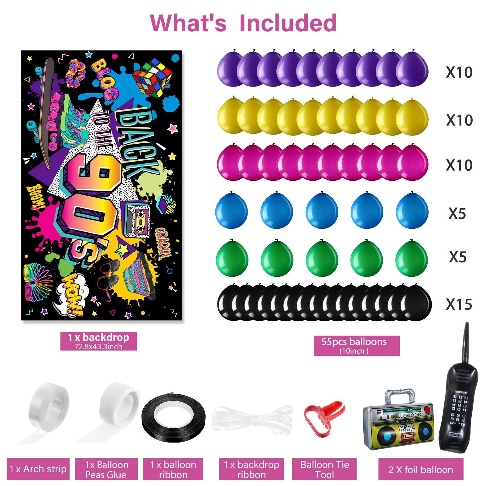 Breling 80s 90s Party Decorations: 80's 90's Party Bundle Includes Inflatable Radio Boombox and Mobile Phone, Backdrop, 55 Balloons, 80s 90s Supplies