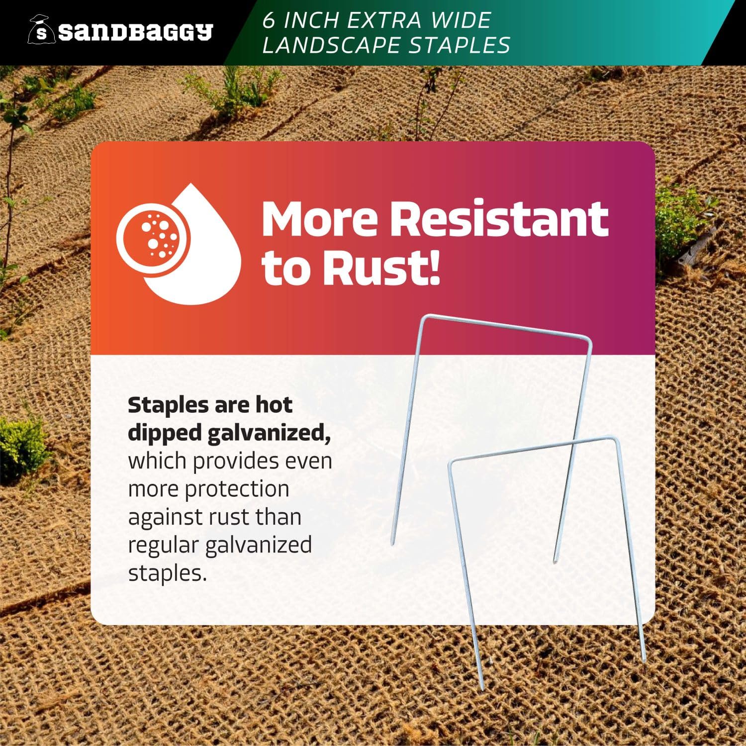 Sandbaggy 6" Wide Landscape Staples - Extra Heavy Duty: 7 Gauge Galvanized Steel - Hold Down Pipes, Landscape Fabric, Ground Cover, Erosion Control Netting, Sod, & Turf (50, 6" W x 8" L)