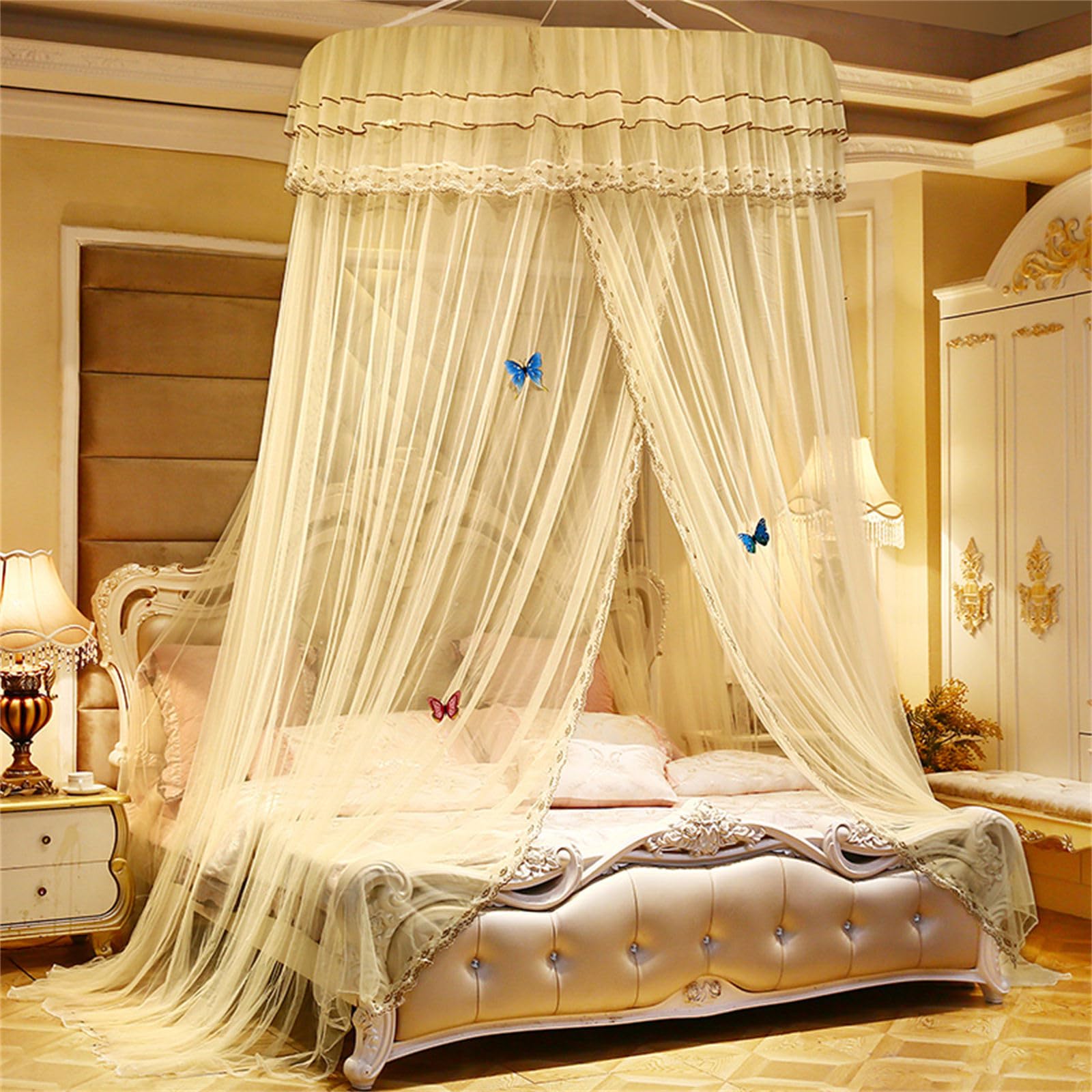 ENEN Lace Edge Bed Canopy Mosquito Net,Bed Canopy Round Dome Canopy Bed Curtains Dome Hanging Bed Tent Fly Canopy Mosquito Nets for Decorations- Butterfly Ornaments Not Included (Creamy Yellow)