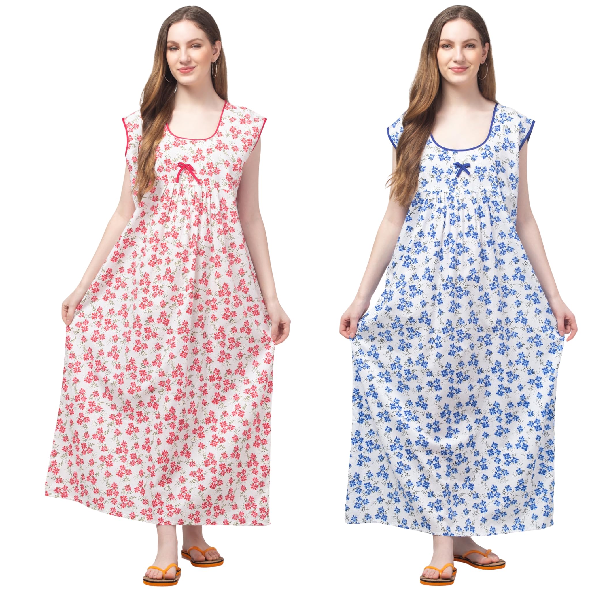 Pack of 2 Women Cotton Nighty Maxi Length 54 Inch Sleeveless Cut Sleeve Floral & Polka Dot Print Nightdress | Soft Breathable Multicolour Cotton Sleepwear | Bust 42 Inch-image-14
