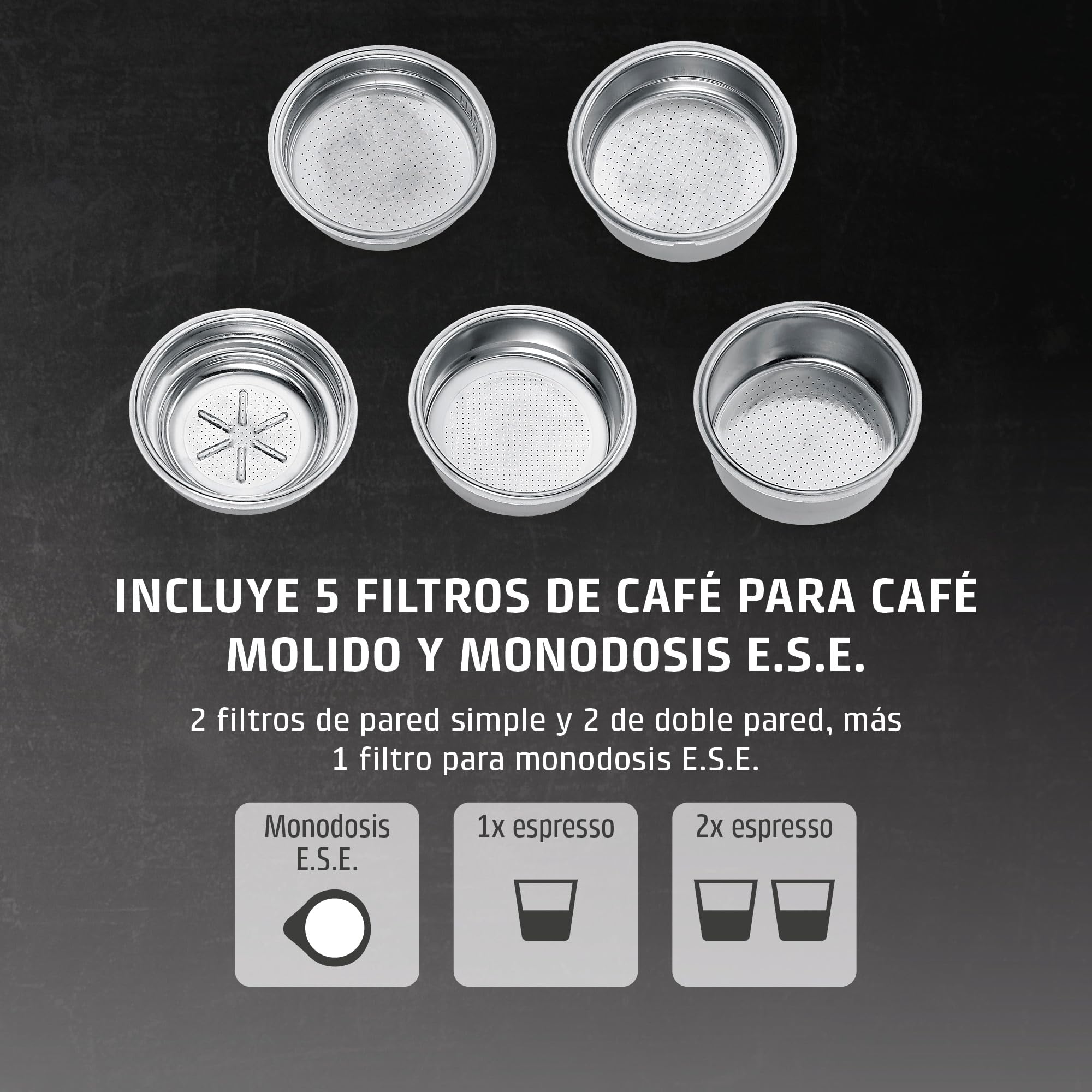 Caso Espresso Gourmet Crema - Cafetera Espresso con 1350W, bomba ULKA de 20 bares, Tiempo de calentamiento de 12 segundos, Brazo Doble Salida, Vaporizador, Superficie Calientatazas - Plata