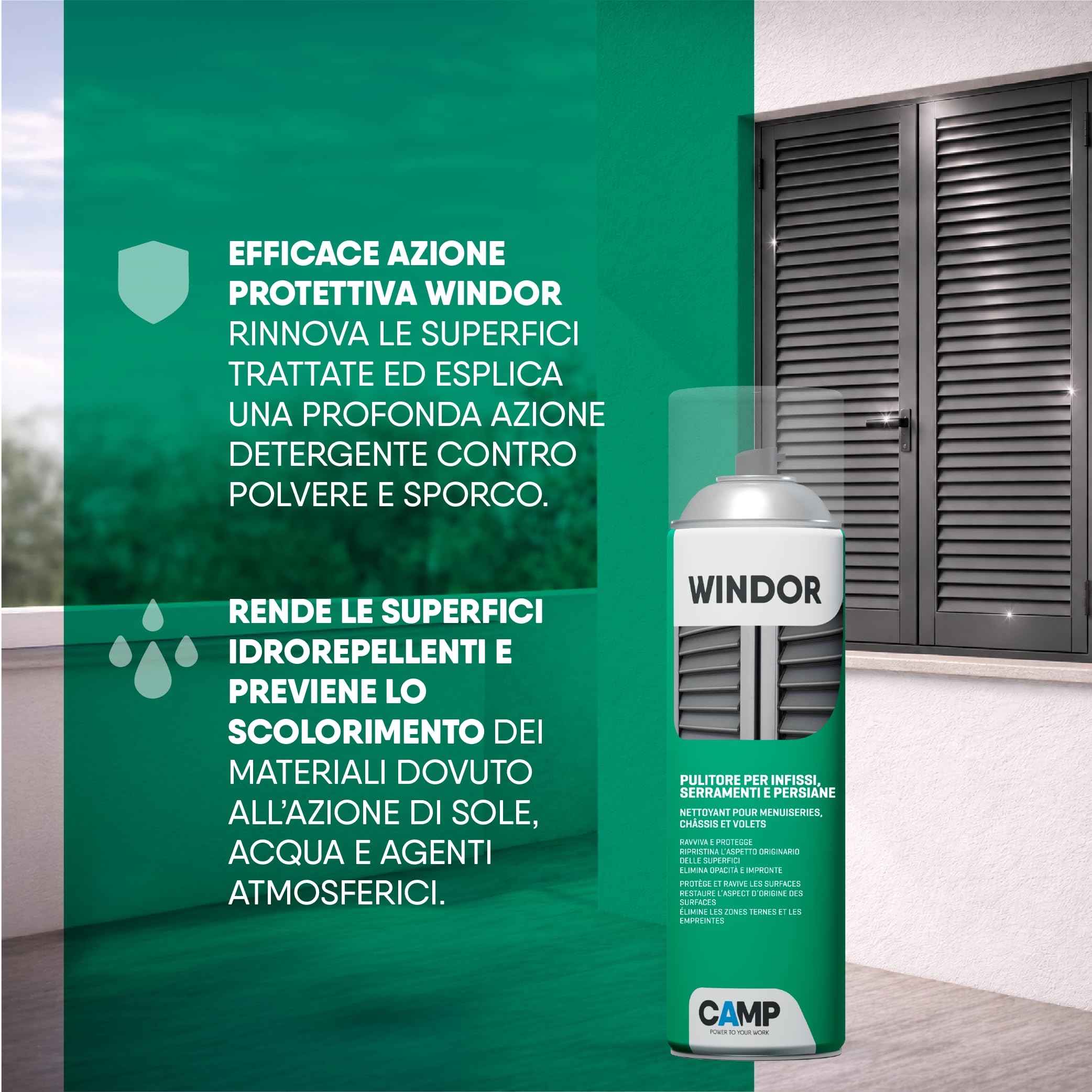 CAMP Windor Spray - Pulitore Ravvivante Protettivo, Pulisci Persiane, Finestre, Infissi e Serramenti in PVC - Ideale per Lucidare e Ravvivare le Superfici - Non Lascia Residui, Made in Italy, 500 ml