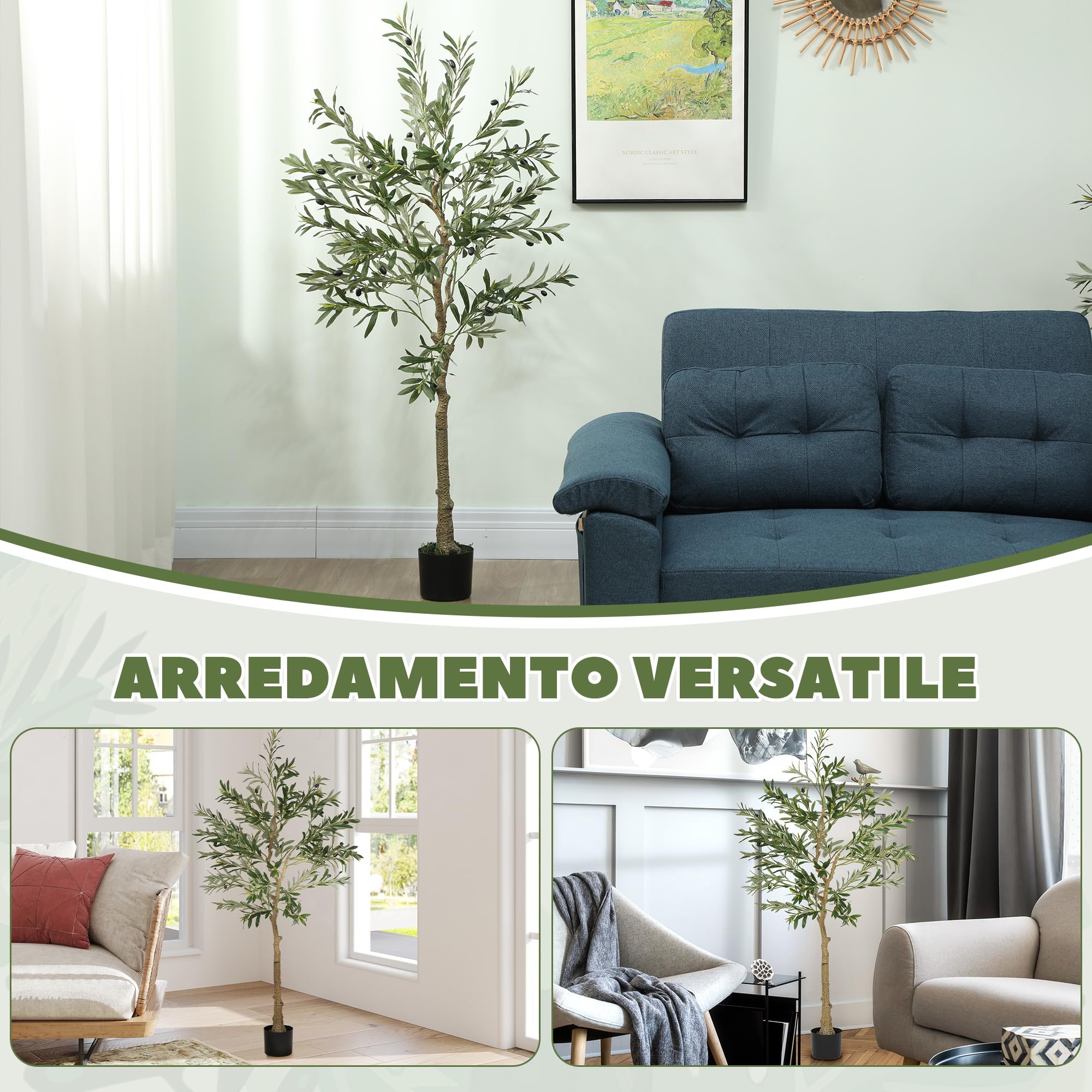 HOMCOM Olivo Artificial 150 cm Planta Artificial Decorativa Grande Árbol Artificial de Interior con 32 Aceitunas Decoración para Hogar Oficina Balcón Dormitorio Verde