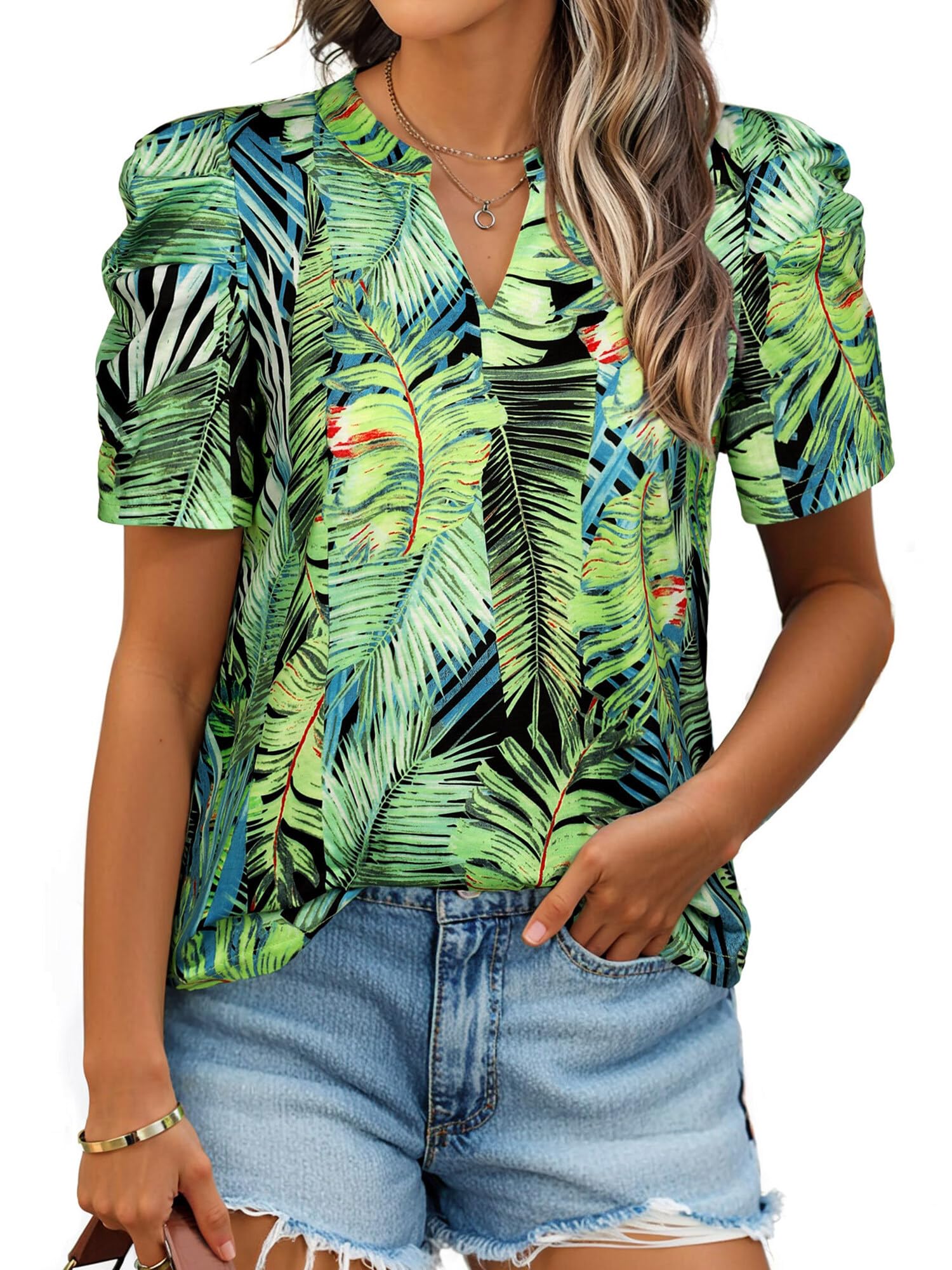 EzcosplayWomen Puff Sleeve Tops Floral Hawaiian Shirt Notched V Neck T-Shirt Casual Tropical Outfits