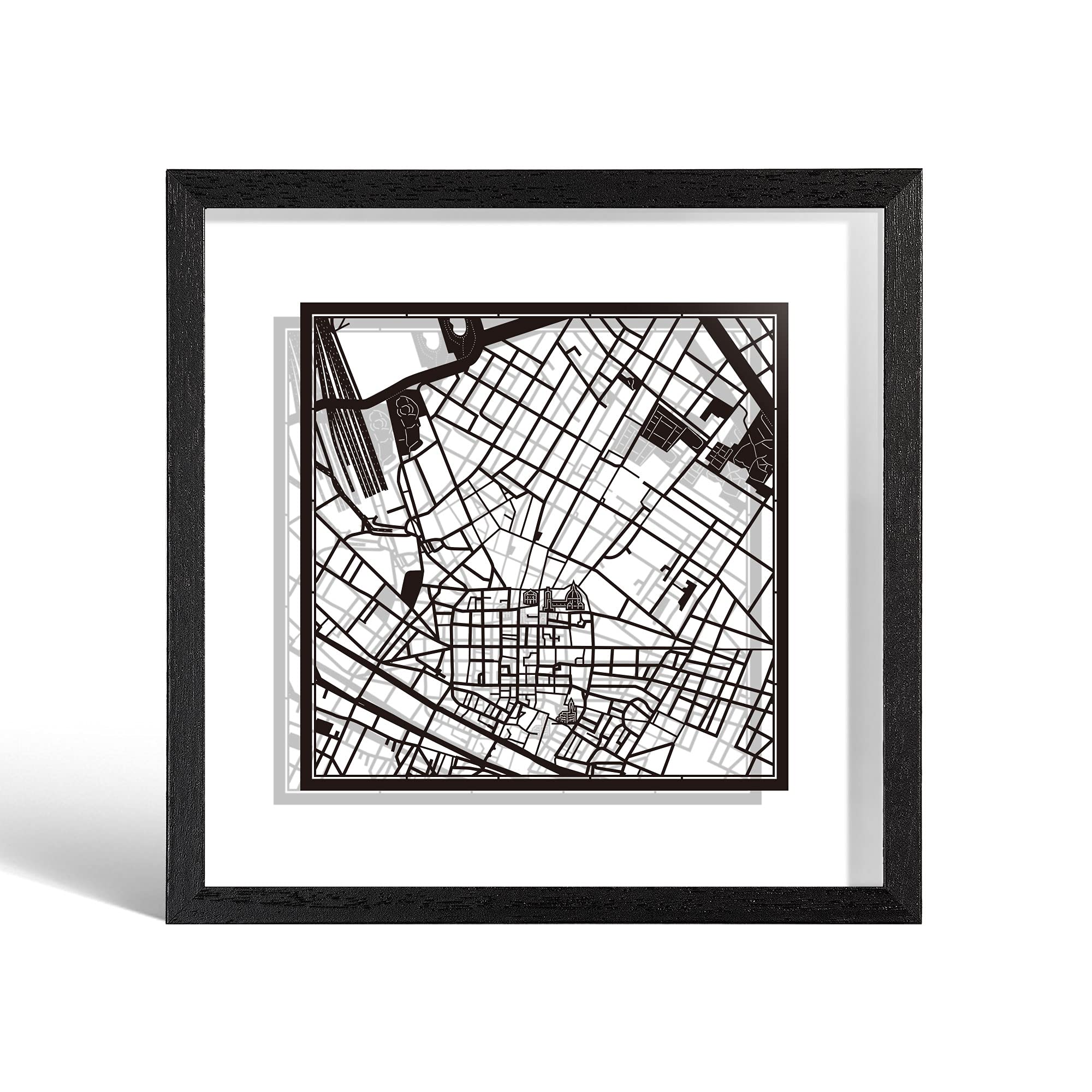 O3 DESIGN STUDIO Firenze Paper Cut Map framed, Black map, Black frame, 23x23 cm, Gift Boxed, 2 background color, self-changing, Paper Art