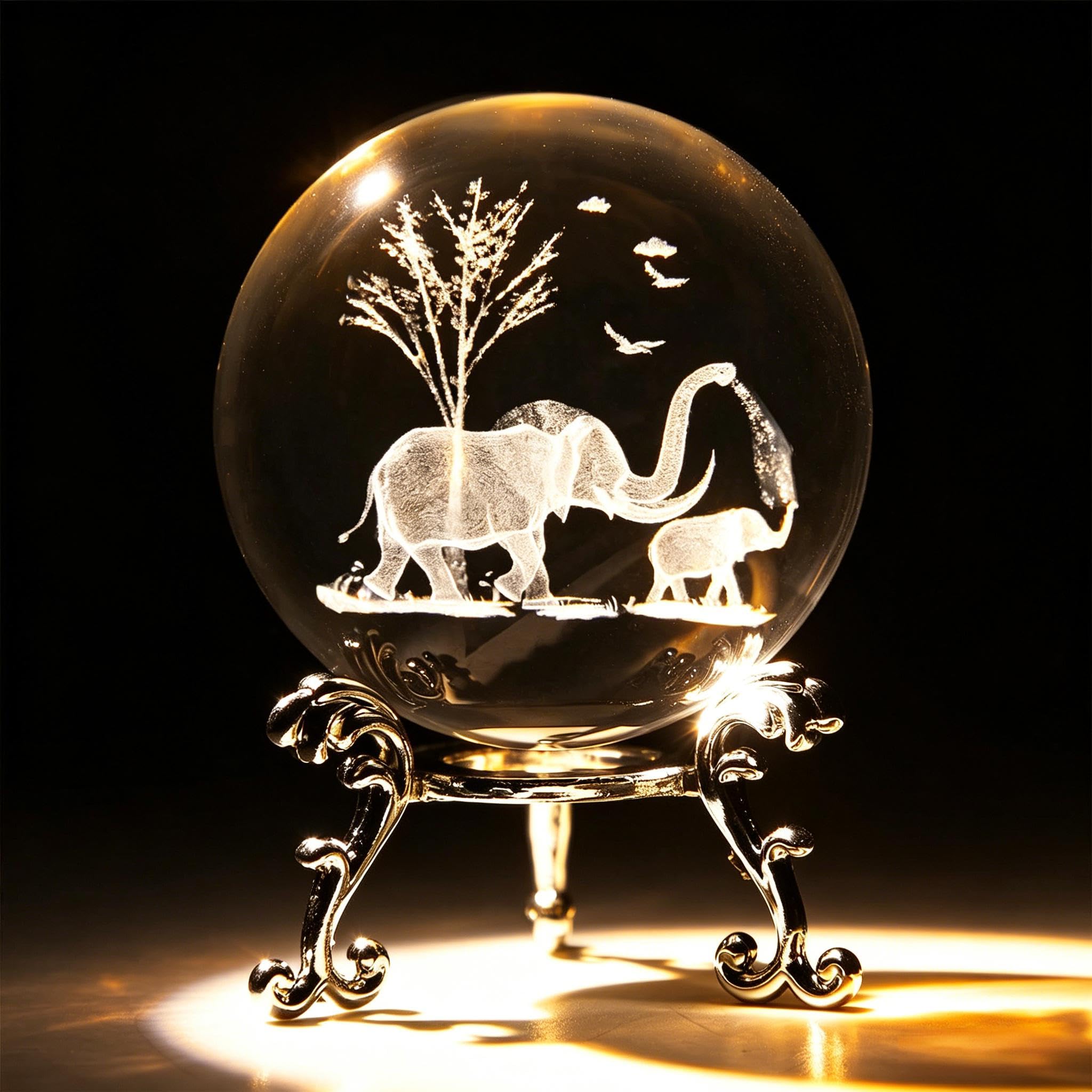 5,8 cm große Elefanten-Kristallkugel mit Ständer, 3D-Lasergravur, Mutter-Sohn, Elefanten-Figur, 3D-Quarzglaskugel, dekorative Kugel, Tischdekoration, Bastelarbeiten, Briefbeschwerer