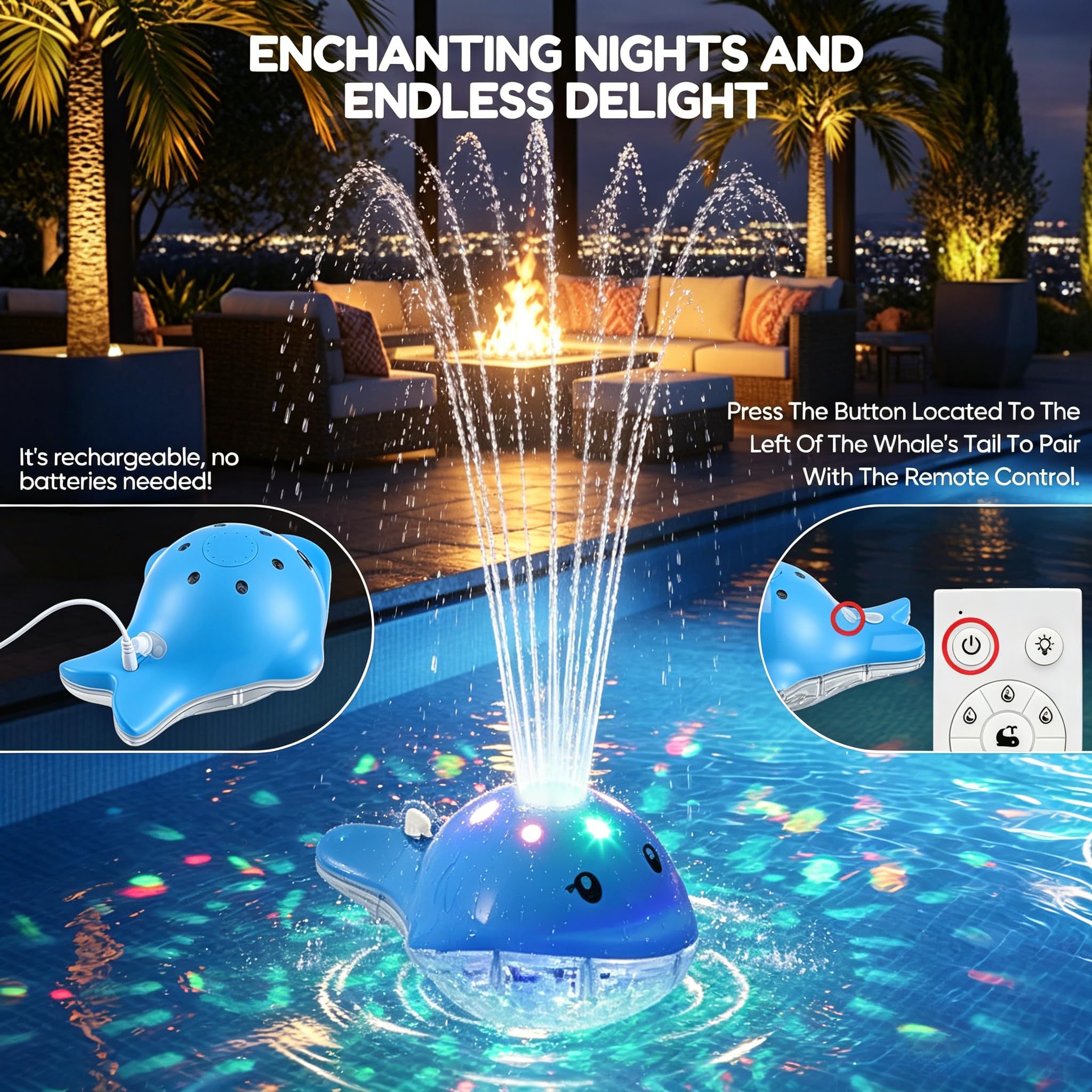 Fontana galleggiante per piscina, con telecomando, 3 modalità di spruzzo e 12 + 12 luci LED, ricaricabile, decorazione ideale per feste notturne, giardino, laghetto