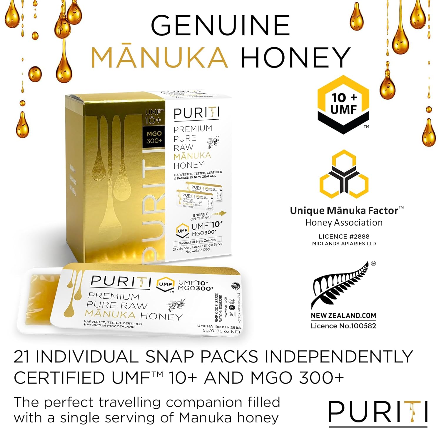 PURITI Genuine Raw Manuka Honey Snaps On The Go - UMF 10+ (MGO300+) 21 x 0.18oz Individual Snap Packets, Single Serve Honey Sticks for Tea, Travel & Snacks, Certified, Authentic Made in New Zealand
