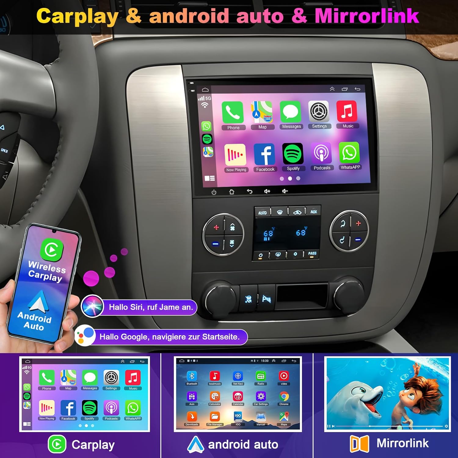 Image showing CarPlay and Android Auto interfaces on the car stereo