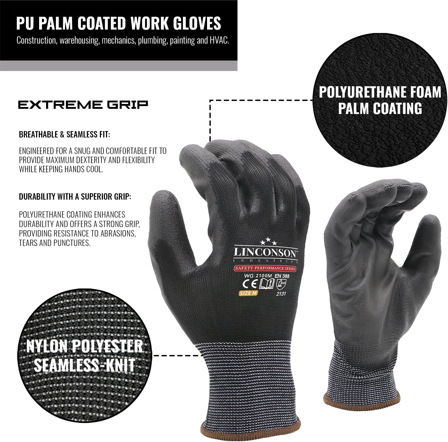 linconson Ultimate Grip Thin & Lightweight Construction Mechanic Work Gloves with PU Palm Coating