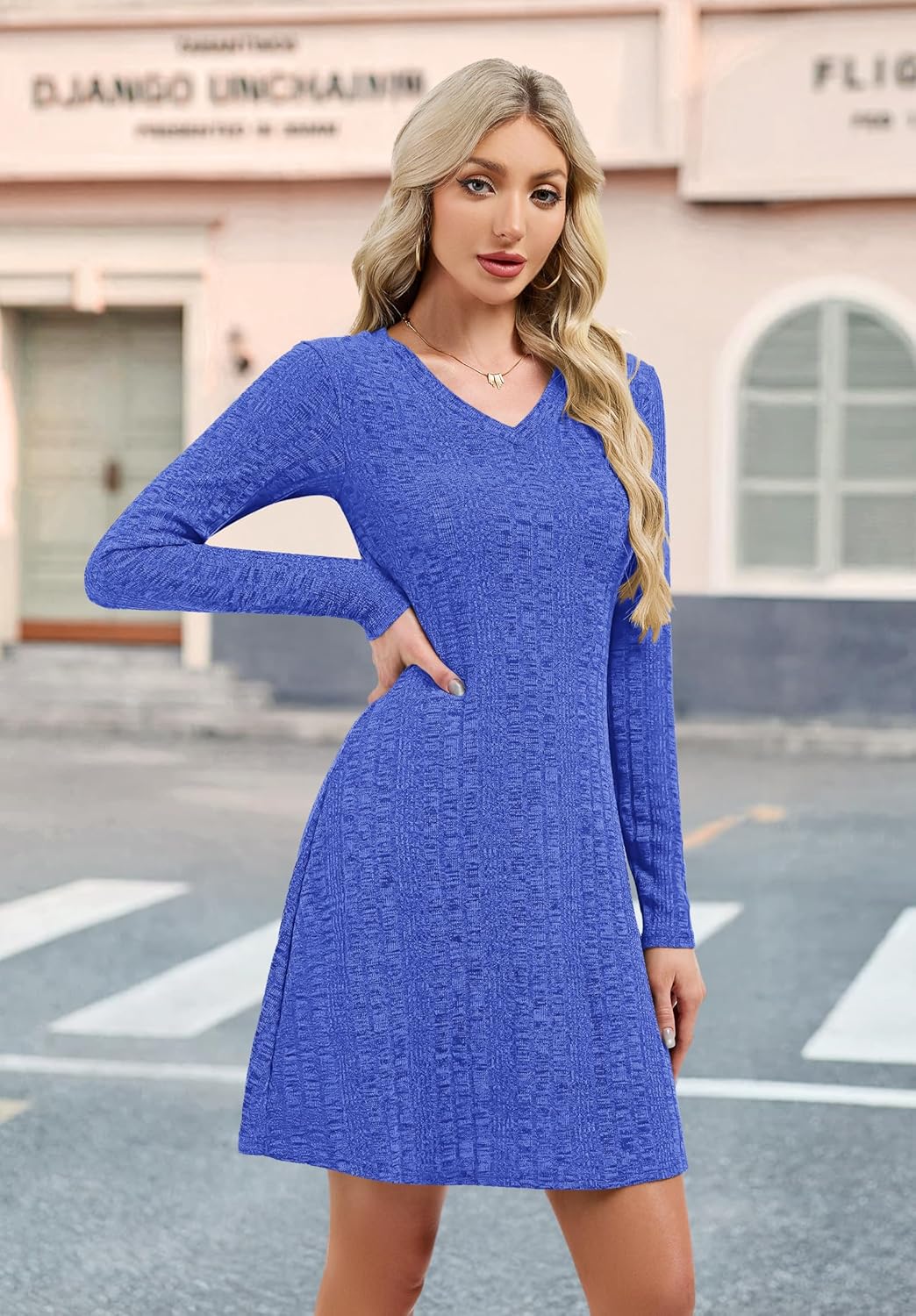 MOLERANI Women's Long Sleeve Ribbed Knit Fall Dress for Women 2025 Sweater Dresses - V Neck Homecoming Party Wedding Guest Dresses Elegant Flattering Fit for Teachers, Klein Blue, 2XL - Image 5