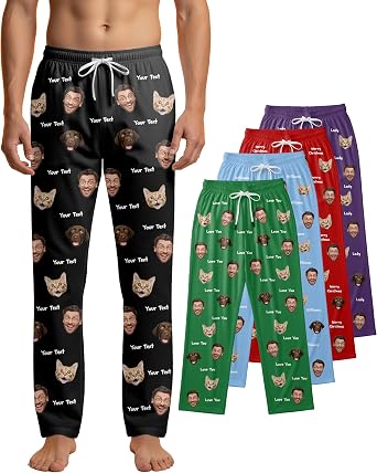 Custom Pajama Pants with Face for Men Women Personalized Funny Pajamas with Photo Text Matching Family PJs Gifts Christmas