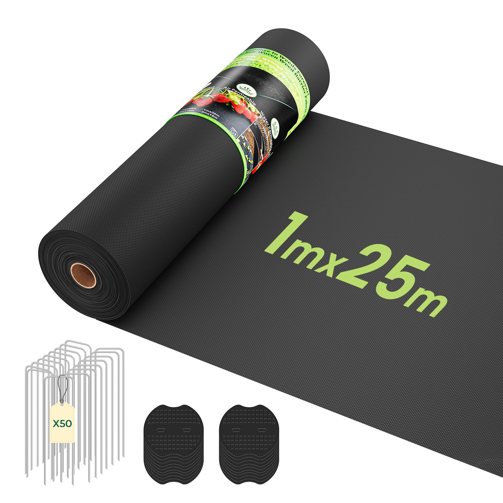 OUNUO Unkrautvlies Gartenvlies 100g/m² gegen Unkraut, 1mx25m Rolle Unkrautgewebe Extra Stark mit 50 Erdanker, 25m² Unkrautfolie Wasserdurchlässig, Reißfestes Unkrautflies mit hohe UV-Stabilisierung