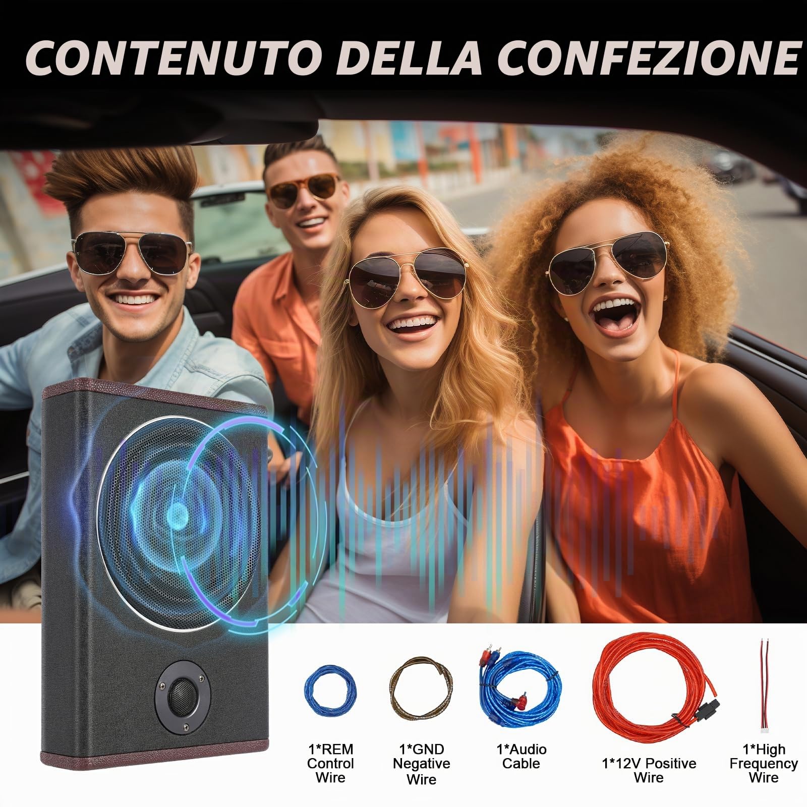 Subwoofer attivo per auto, 600 W, altoparlante in legno e acciaio inox, frequenza 40 Hz-200 Hz, SNR 90 dB per sistema audio autoradio