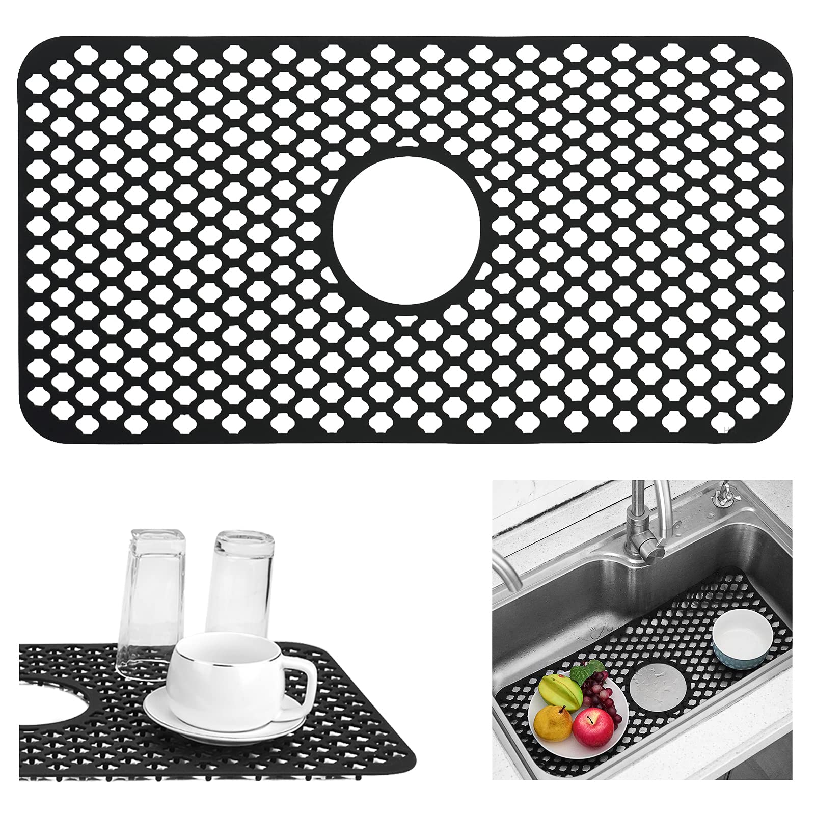 Tapis d'évier en silicone noir Linkidea 63x33 cm pour protection cuisine