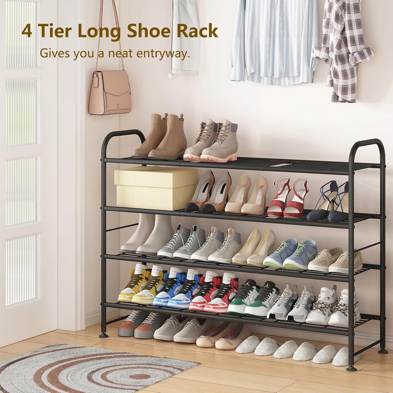 LINZINAR Shoe Rack Long 4 Tier Shoe Storage Organizer Metal Wide Shoe Shelf for Closet Entryway Bedroom 24 Paris Large Capacity, Gold Black