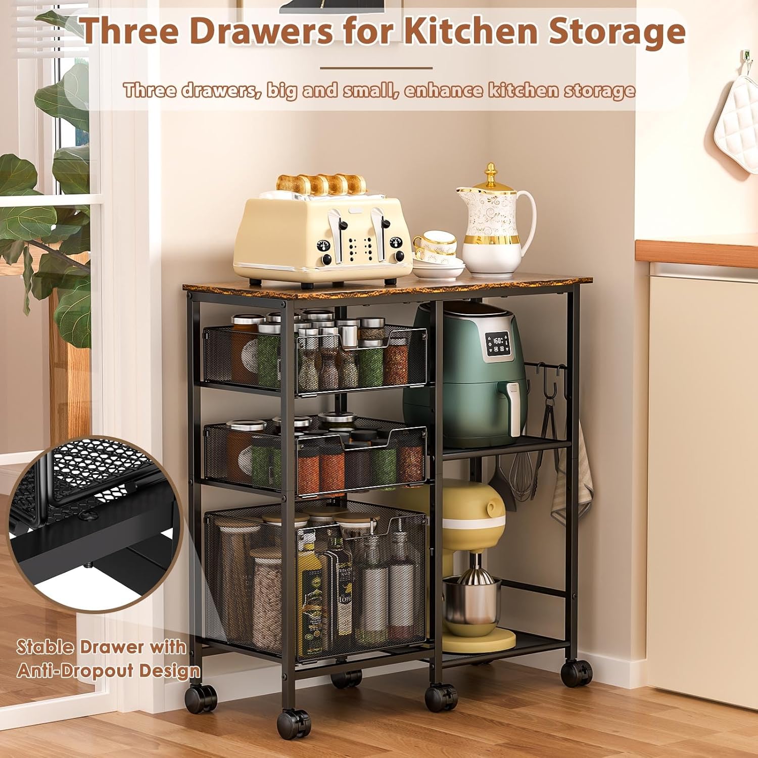 Kitchen Cart with Storage Shelf - Kitchen Organizer and Storage Cart, 3-Tier Microwave Cart with Storage Drawers, Wooden Top Metal Wire Utility Cart with Lockable Wheels for Kitchen
