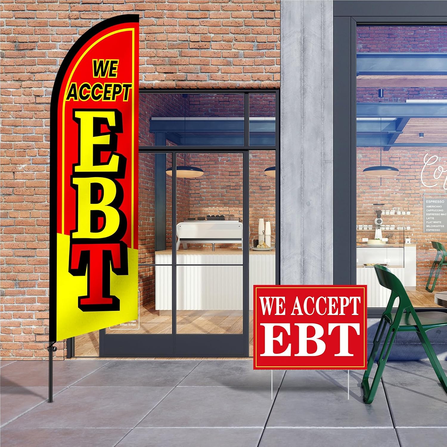 Remagr We Accept EBT Feather Flagpole Kit 7ft Swooper Flag with Poles & 5 Pcs Double-sided Yard Signs with Stakes 12 x 16" Waterproof Sign for Outside Business Stores Shops Decoration