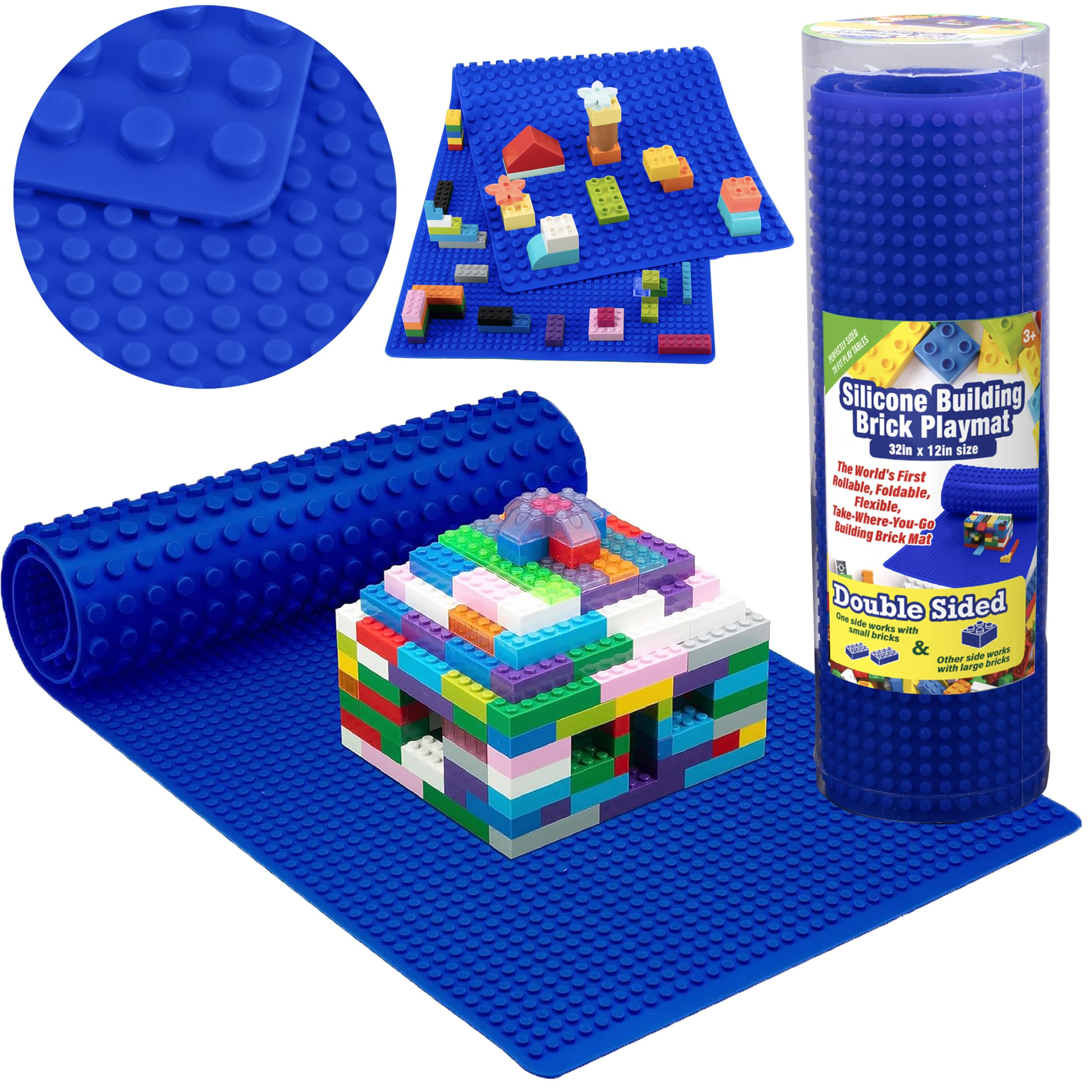 SCS Direct Brick Building Blocks Silicone Playmat - 32" Blue Rollable, Foldable and Portable Two Sided for Activity Tables - Compatible and Tight fit with All Major Blocks Brands, Kids Gift