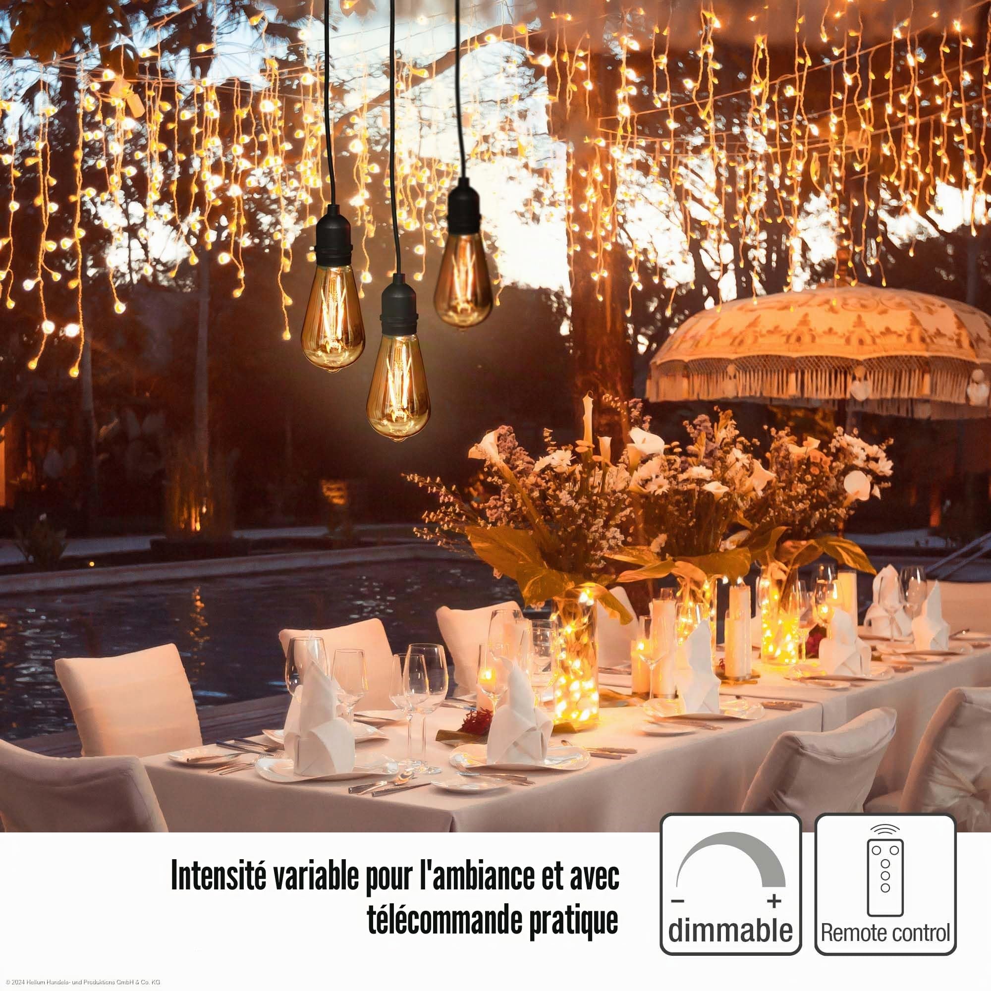 Hellum Lot de 2 lampes suspendues d'extérieur avec batterie et télécommande - Ampoule dorée avec batterie et minuterie - ST64 - Diamètre : 6,4 x 13,8 cm - Lampe suspendue pour l'extérieur avec
