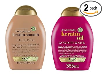 OGX Ever Straight Brazilian Keratin Smooth Shampoo + Strength & Length Keratin Oil Conditioner For Damaged hair & Split Ends, Sulfate Free, No Parabens 385 * 2 ml