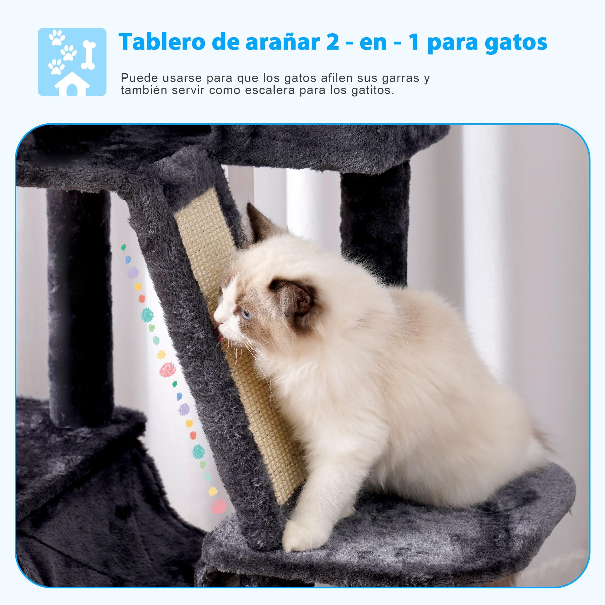 Hey-brother Árbol rascador de 135 cm, para Interior, con Plataforma Acolchada, Pelota de Juguete, Cuevas, Hamaca y sisal, Color Gris Ahumado MPJ019-SG