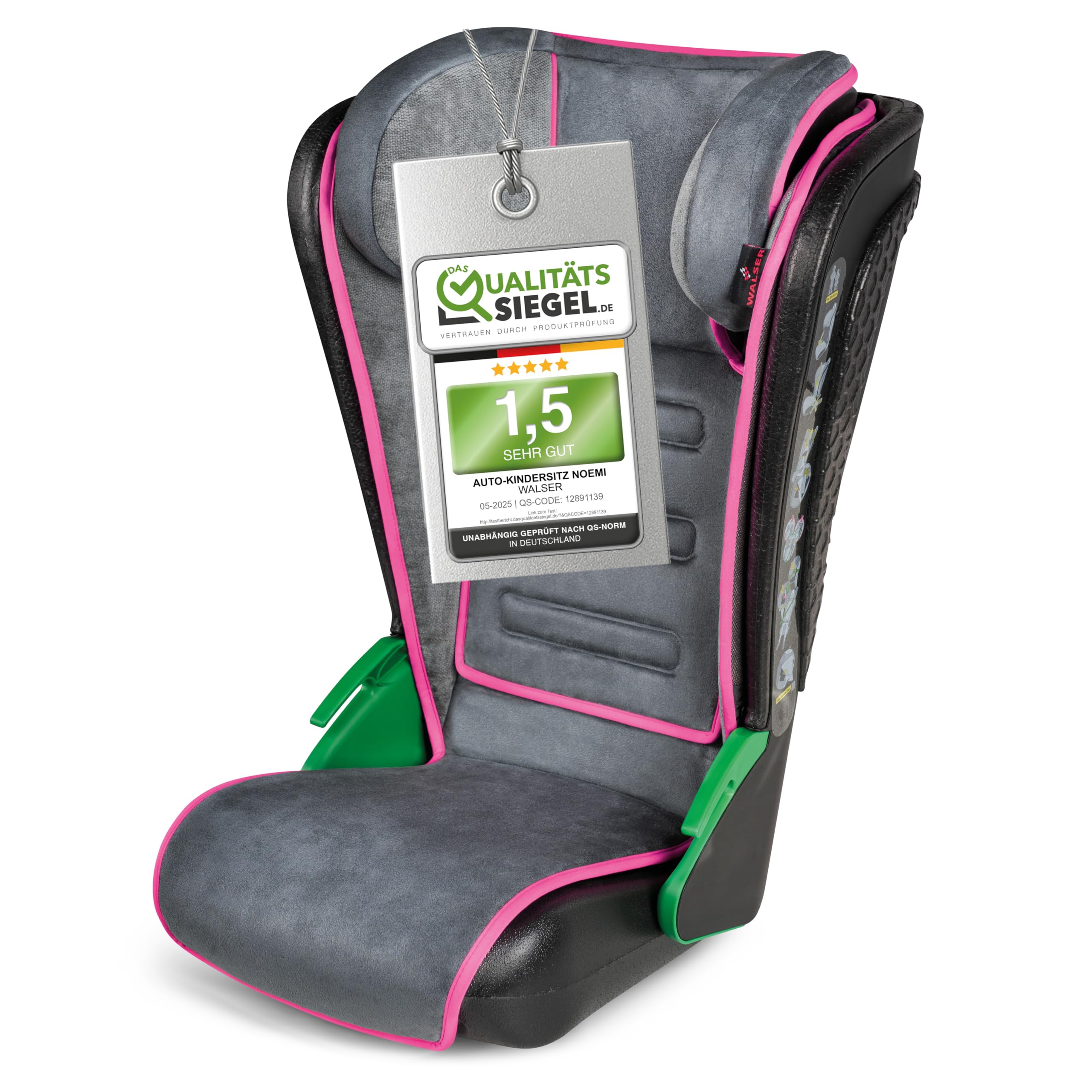 WALSER Auto Kindersitz Noemi, extra schmaler Reisekindersitz (3-8 Jahre) 100-135 cm, klappbare Sitzerhöhung Auto Kinder, ECE R129 Sitzerhöhung waschbar, Autositz Größe 57x46x22 cm Schwarz/Pink