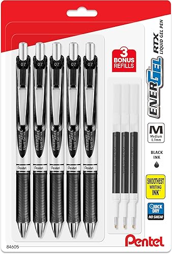 Pentel Energel Deluxe RTX - Bolígrafos de tinta de gel líquido de 0.028 in, punta de metal, paquete de 5 bolígrafos negros con 3 recambios
