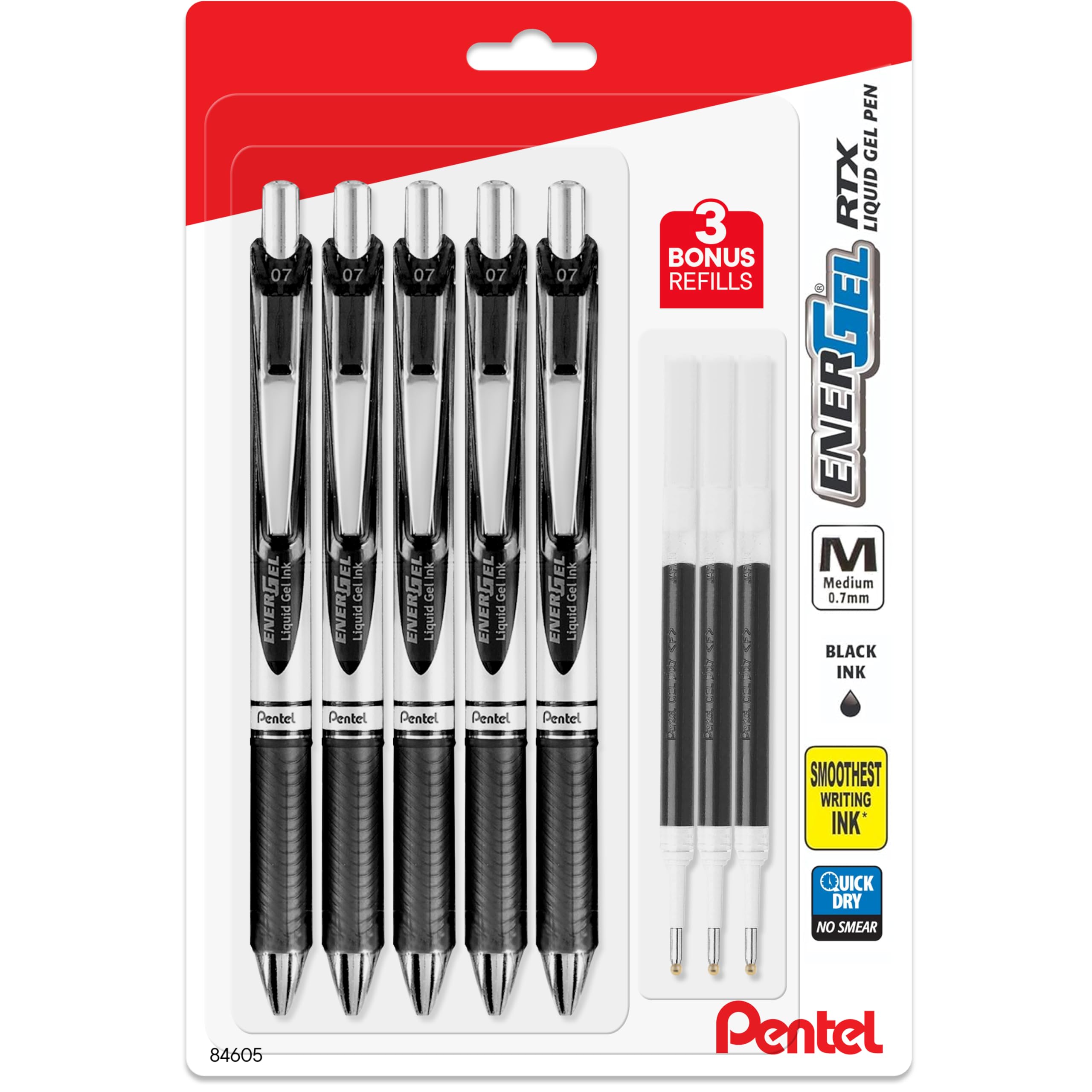 Energel 0.7 mm Deluxe RTX Liquid Gel Ink Pens, Metal Tip, Pack of 5 Black Pens with 3 Refills