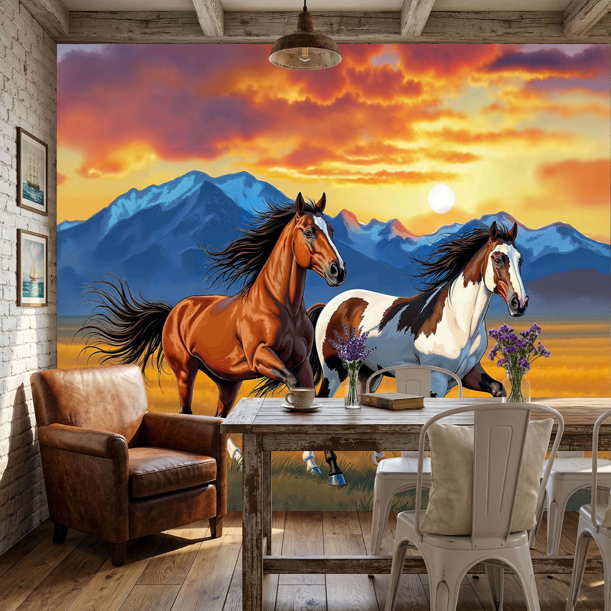 Papier peint coucher de soleil pour chambre d'enfant : fresque murale animaux orange
