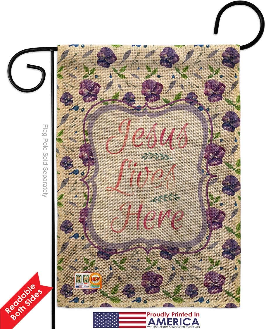 Jesus Lives Here Burlap Garden Flag Religious Bible Verses Bless Faith Thank Hope Pray Christian Religion Small Decorative Gift Yard House Banner Double-Sided Made In USA 13 X 18.5