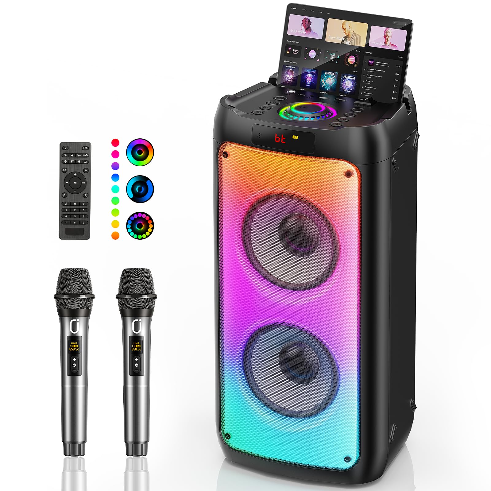 HWWR Karaoke Maschine mit 2 Mikrofonen ohne Verzögerung, groß Karaoke Anlage Partybox mit Echo-Einstellung und kräftigem Bass, unterstützt TWS/TV, Karaoke Box für Familienpartys und Grillabende
