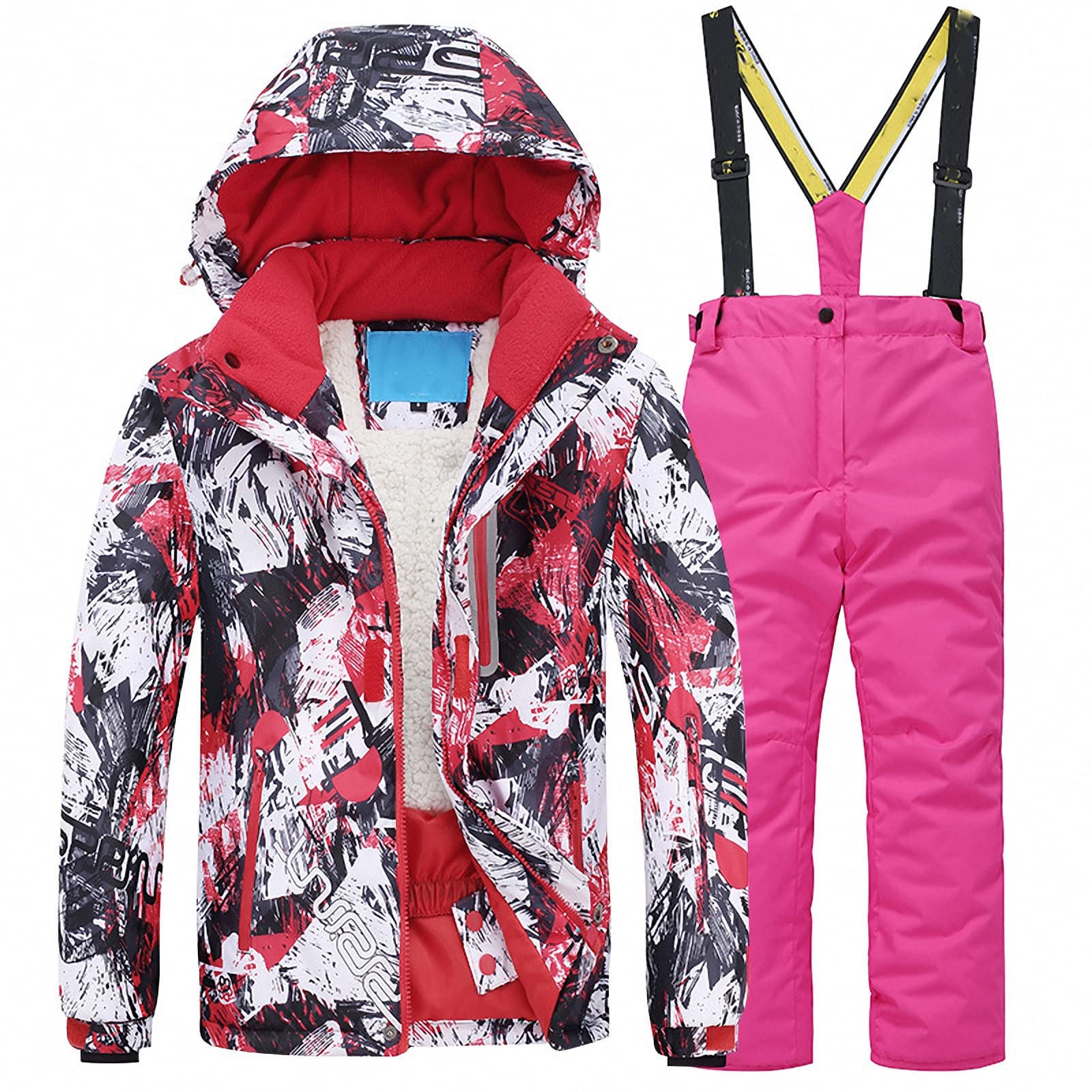 Skianzug Snowboard mit Kapuze+skioverallanzug,wasserfester und Warmer Kinder 2 teilig Skijacke Snowboarden für das Bergsteigen im freien,gefütterte Winterjacke aus Fleece,Red3,120