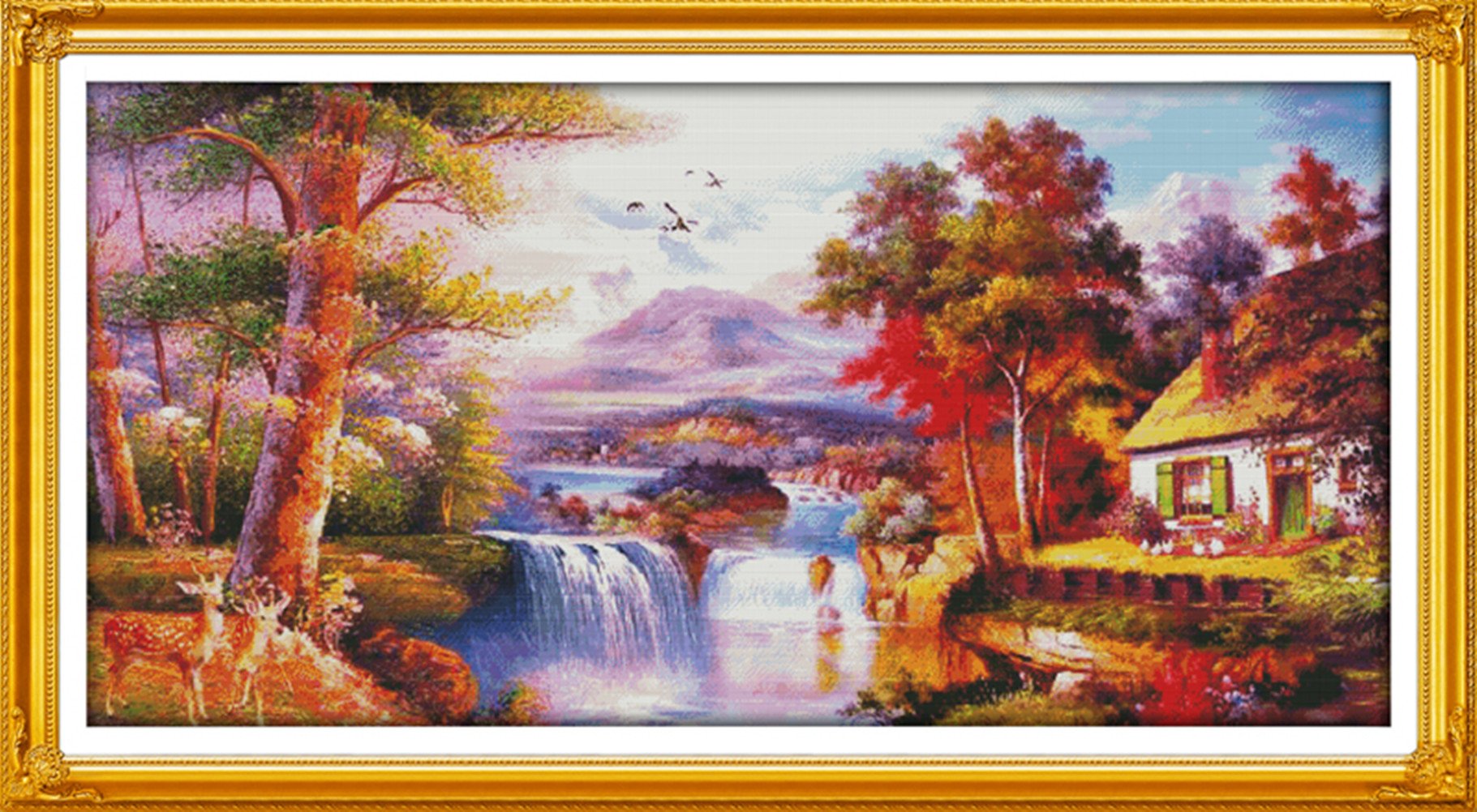YEESAM ART nowy zestaw do haftowania - złoty krajobraz malarstwo 14 CT 135 × 70 cm DIY zestaw haftu białe płótno żaglowe - szycie krzyżykowe rękodzieło Boże Narodzenie prezenty Cross Stitch Kit
