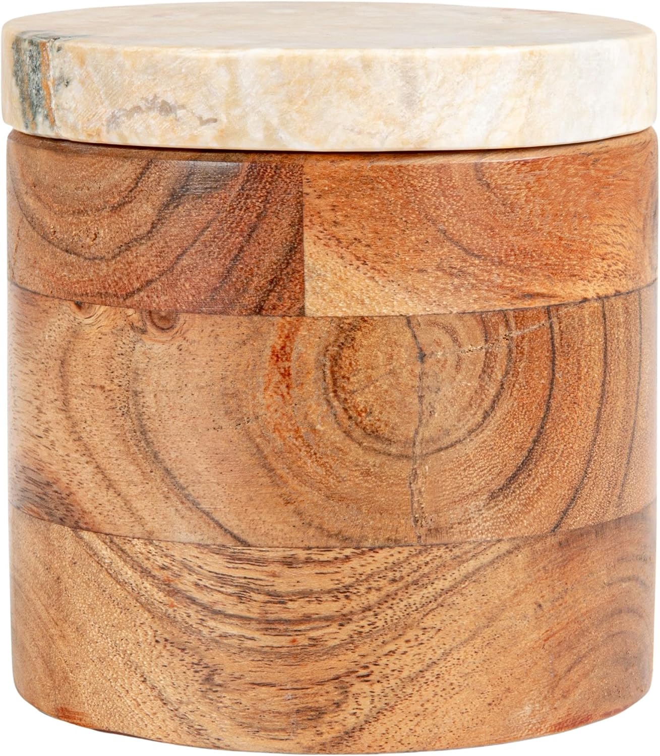 Creative Co-Op Round Acacia Wood Container with Marble Lid, Natural and Yellow Mélanges