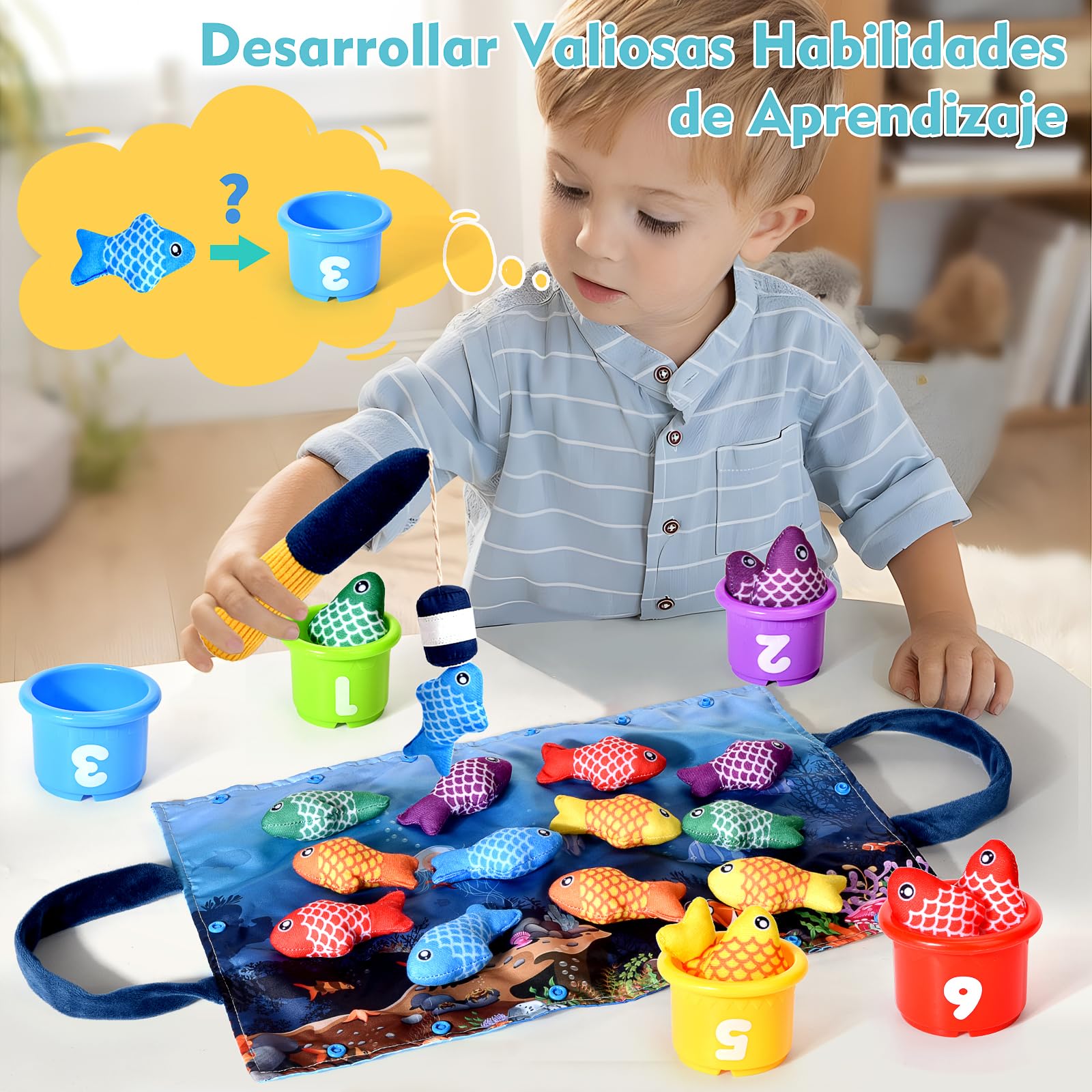 Juguetes Niños 1 Año Montessori, 20 Piezas Juego Pesca de Tela con Taza Apilables, Almacén Bolsa, Educativos Juguetes Bebes 6-12 Meses, Regalo Bebe 1 2 Año