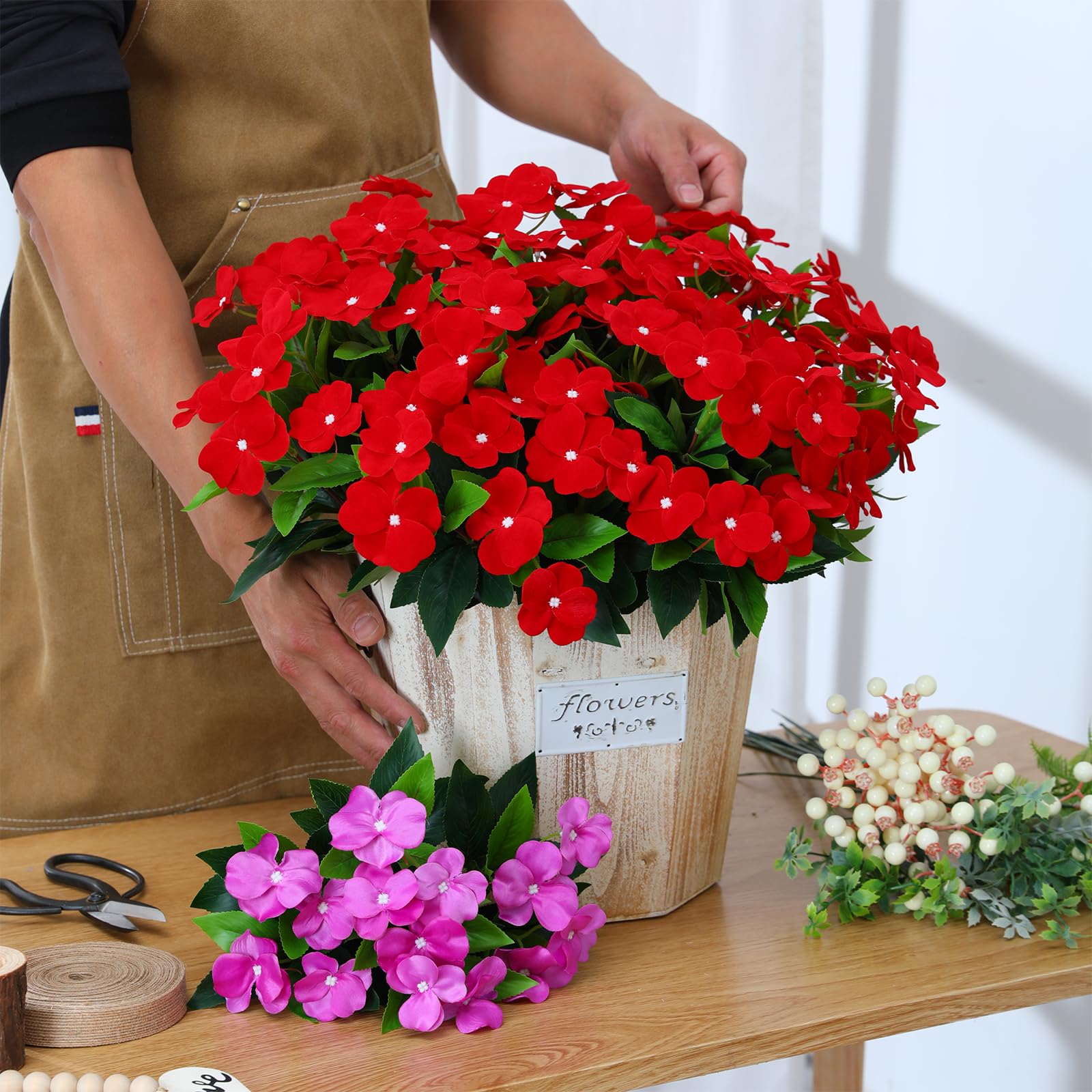 Hobyhoon 4pcs Artificial Flower Outdoor Red Silk Flower Bouquet Faux Impatiens Flowers for Outside Indoor Home Balcony Window Boxes Garden Decorations - Image 3
