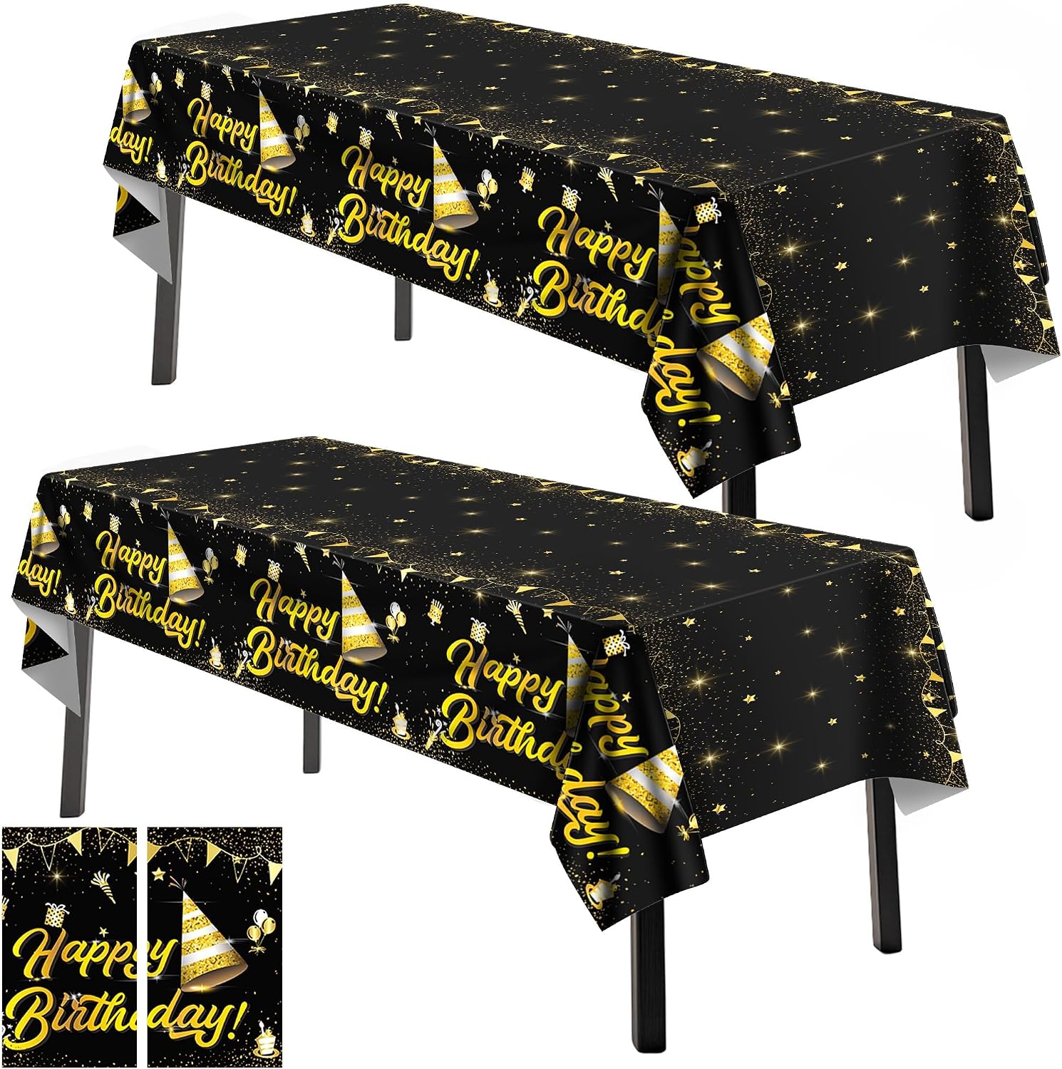 Kochorie 2 Pack Black Gold Happy Birthday Tablecloth 108 x 54 Inch Plastic Table Cover Rectangular Waterproof Table Cloth for Birthday Theme Party Supplies