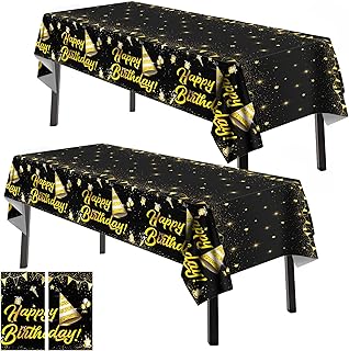 Kochorie 2 Pack Black Gold Happy Birthday Tablecloth 108 x 54 Inch Plastic Table Cover Rectangular Waterproof Table Cloth for Birthday Theme Party Supplies