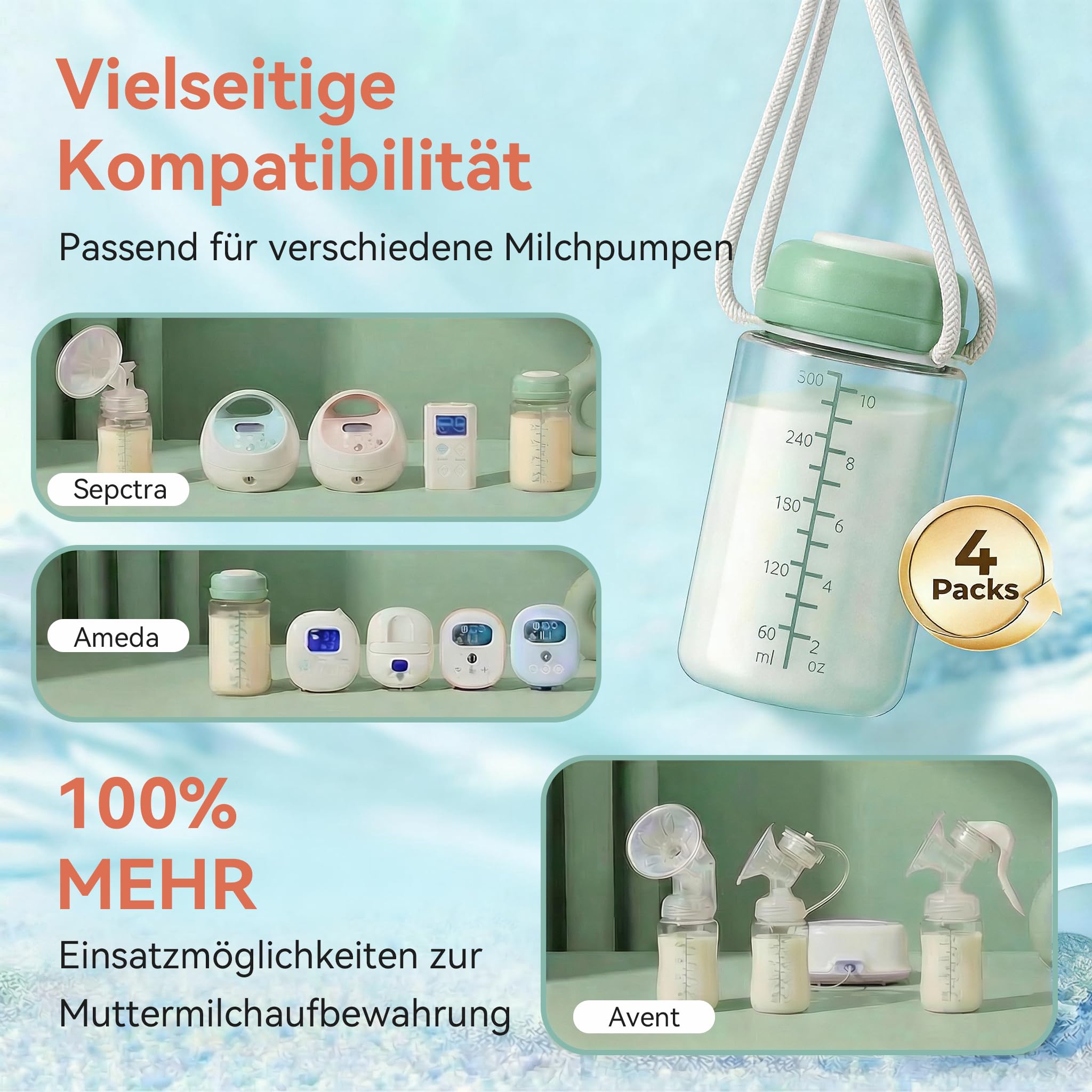 4 Pack 300ml Muttermilch-Aufbewahrungsflaschen für Momcozy 650ml Kühlbox.Auslaufsichere Weithals-Pumpflaschen kompatibel mit Spectra S1 S2 9 Plus SG Motif Luna (Grüne)