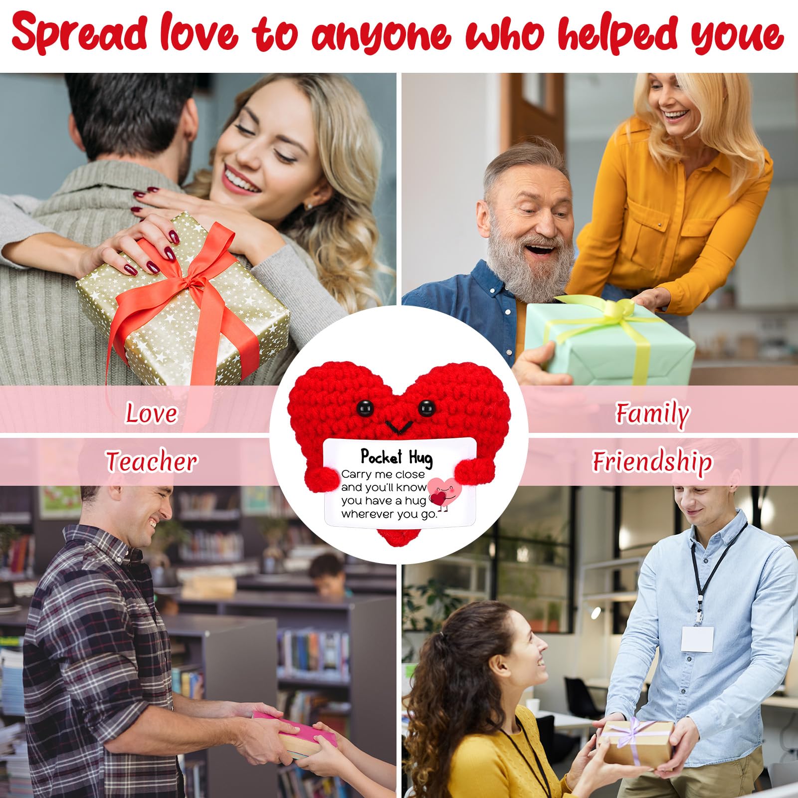 HyDren 12 Pcs Crochet Pocket Hug Heart Gifts with Inspirational Cards Handmade Heart Plush Bulk for Teacher Appreciation Graduation Friendship Encouragement Support Gifts