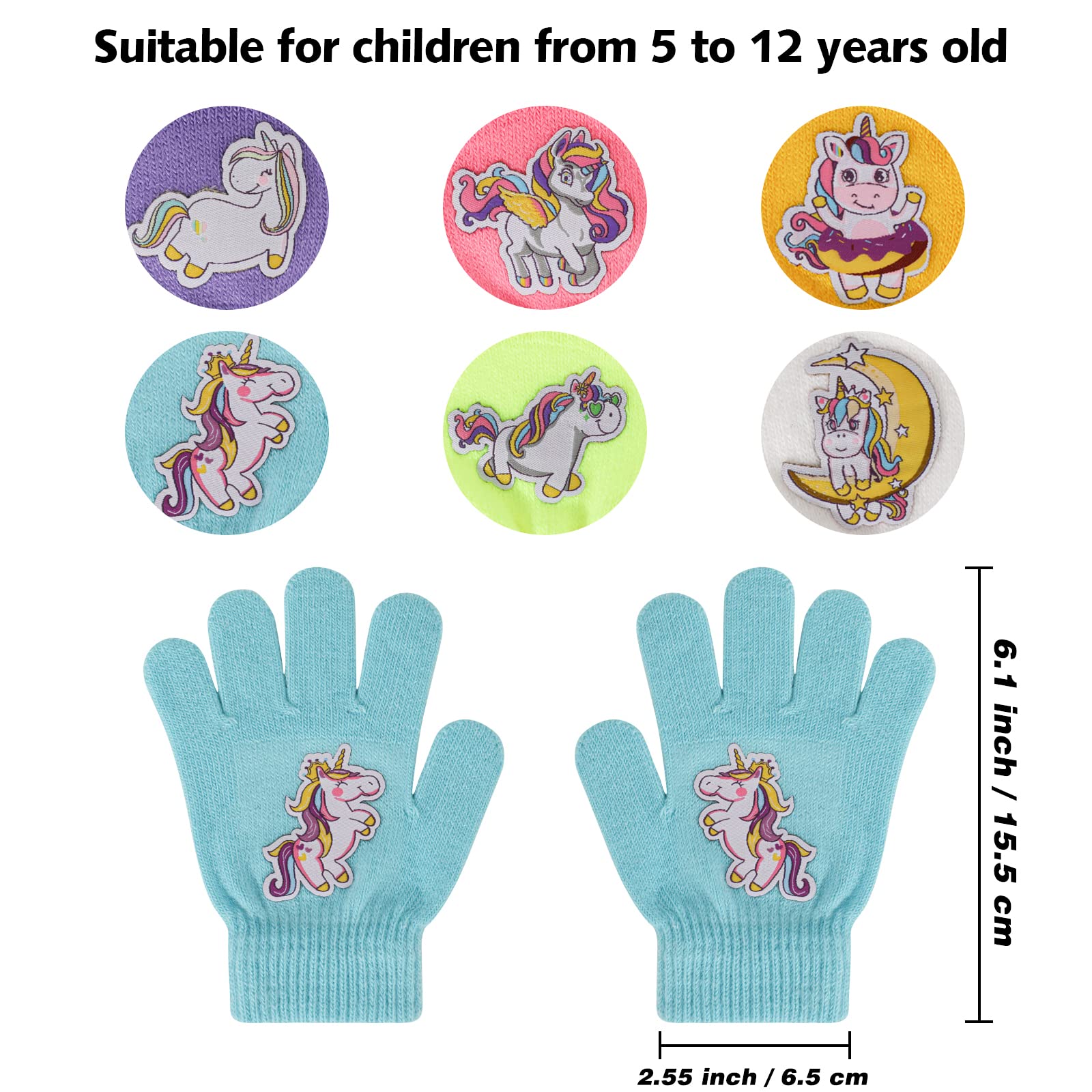 QKURT 6 Pares de Guantes de Punto para Niños Guantes Cálidos de Invierno para Niños Pequeños Manoplas Mágicas de alto Estiramiento con Patrón de Unicornio Novedoso Adecuado para Niñas de 5 a 12 años