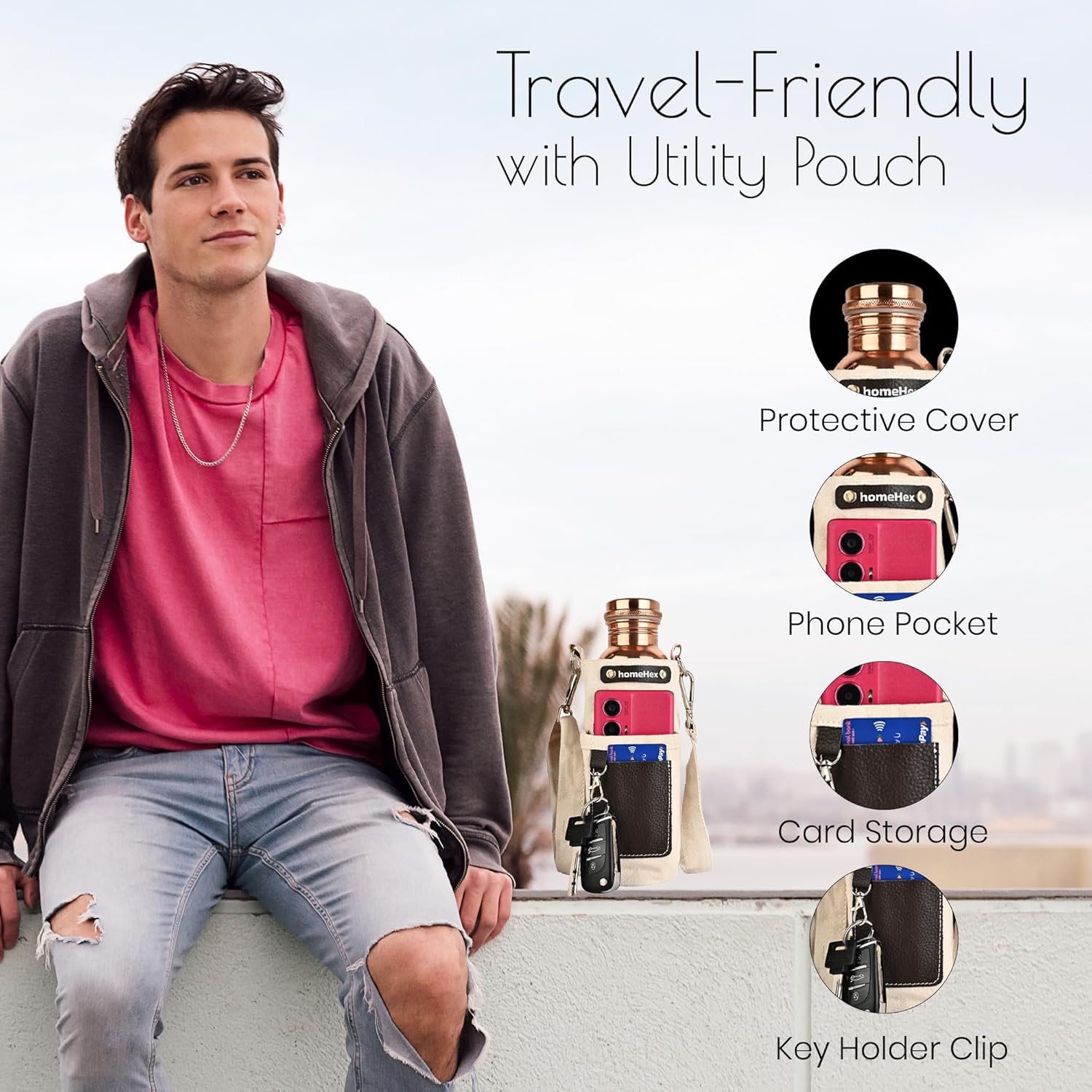 Pure Copper Water Bottle, Hammered Design, 34oz Capacity, Leak-Proof, with Carrying Bag, Straw, Cleaning Brushes for Ayurvedic Health, Hydration, Yoga, Office, Travel