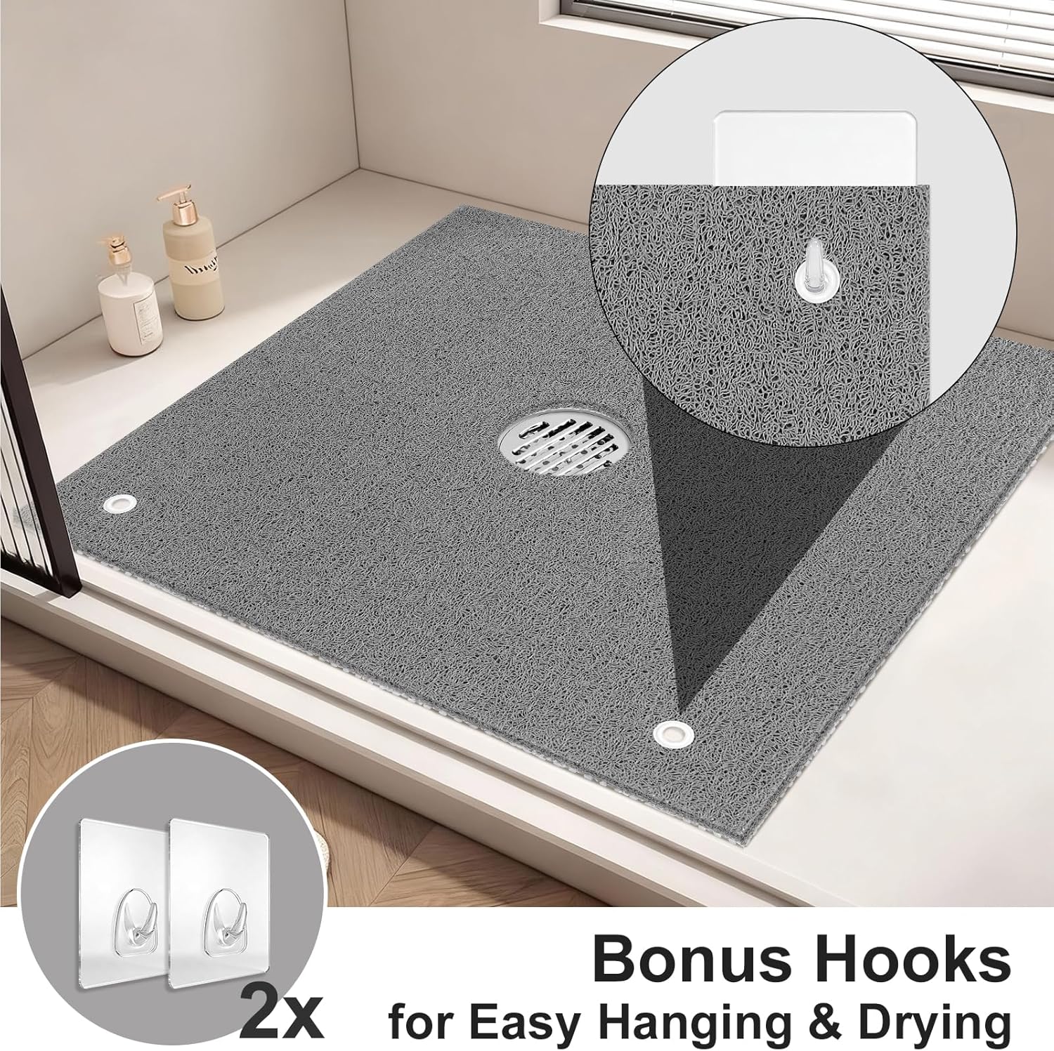 Extra Large Square Shower Mat for Inside Shower, 24 x 24 Inch Shower Floor Mat with Center Drain Hole, Designed for Walk-in Showers, Non-Slip Loofah Mat with Wide Coverage for Stable Standing