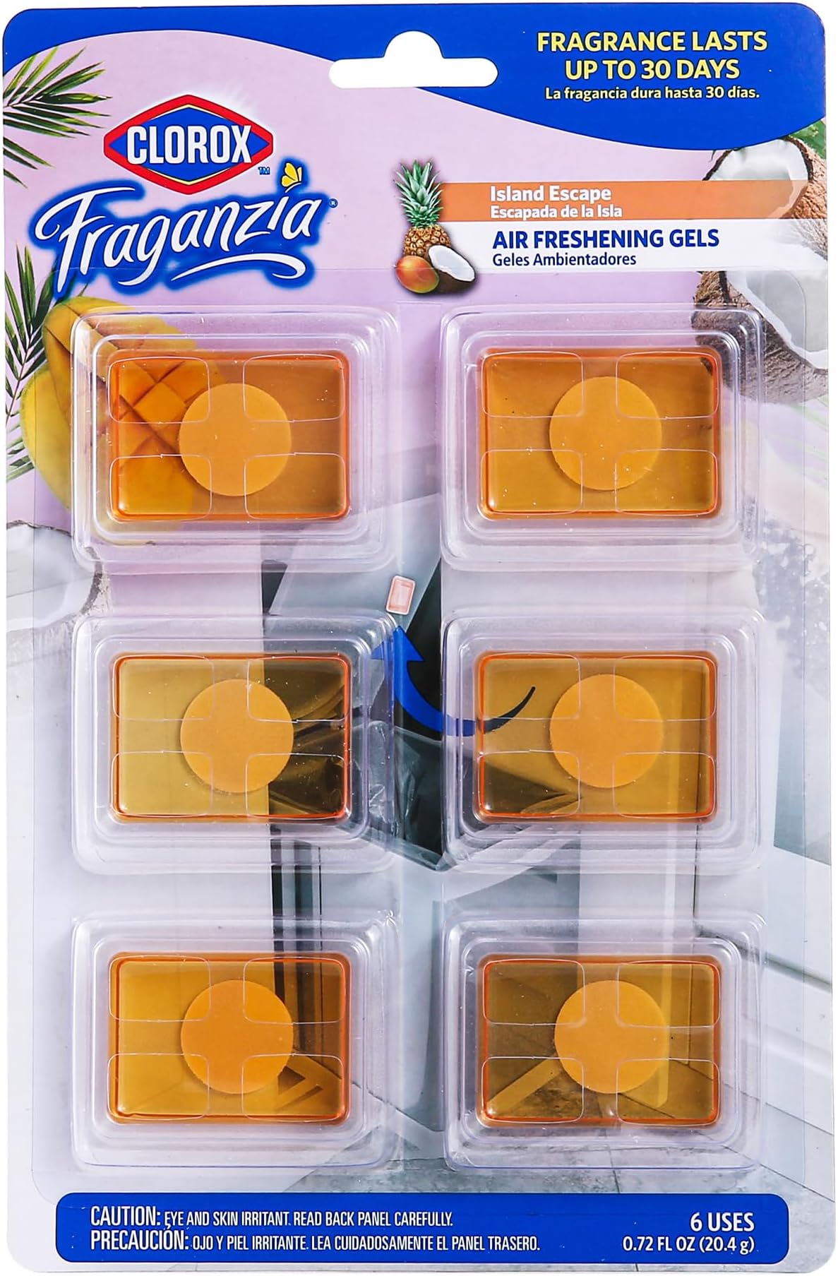 Clorox Fraganzia Adhesive Air Freshening Gels in Island Escape, 6pk | No-Plug, Battery-Free Air Freshener for Garbage Cans & More, 6 Air Freshener Units