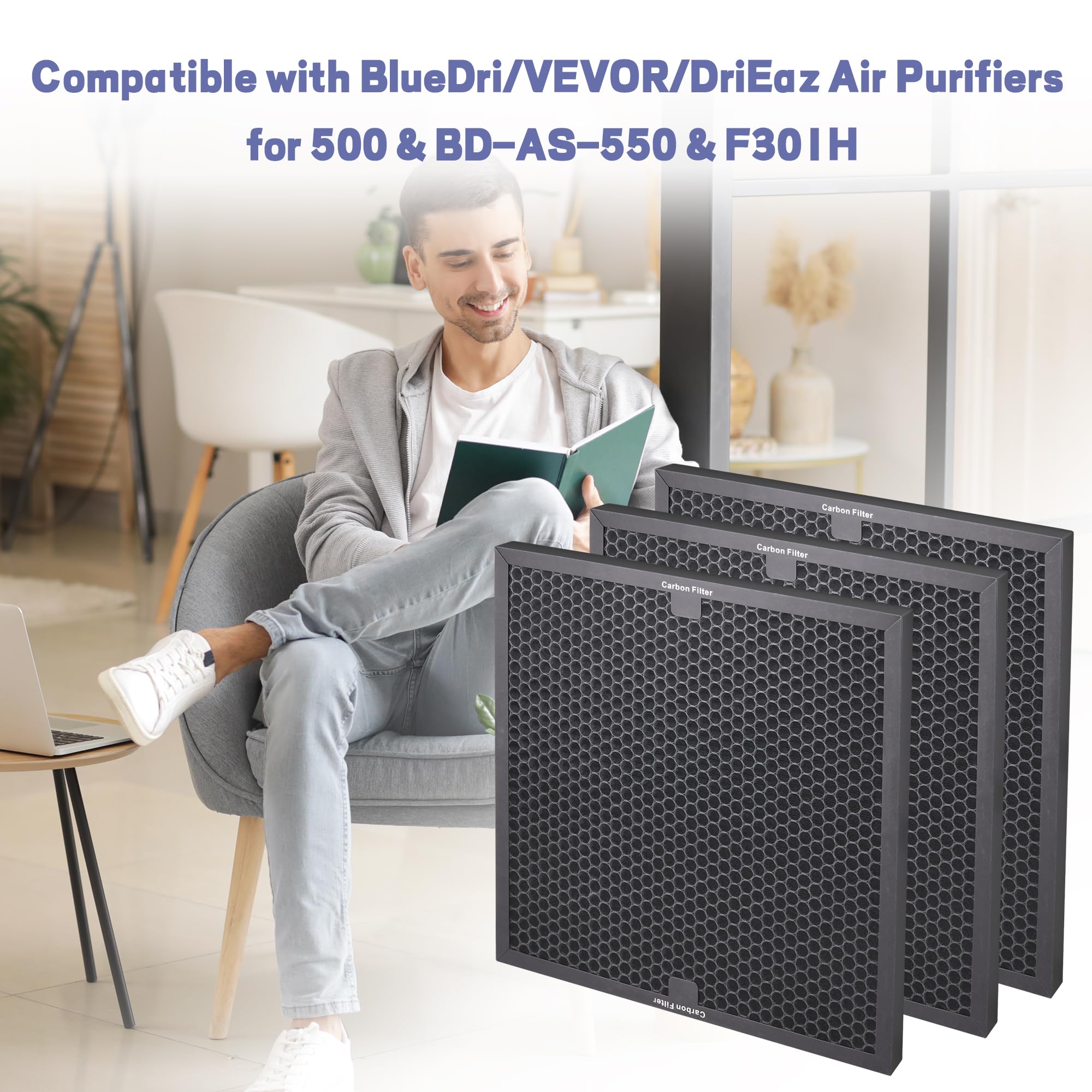 Filtros de carbón activo Popurure Air Scrubber compatibles con purificadores de aire BlueDri, VEVOR y Dri-Eaz, para Drieaz HEPA500 de 40,6 x 40,6 x 2,5 cm (paquete de 3)
