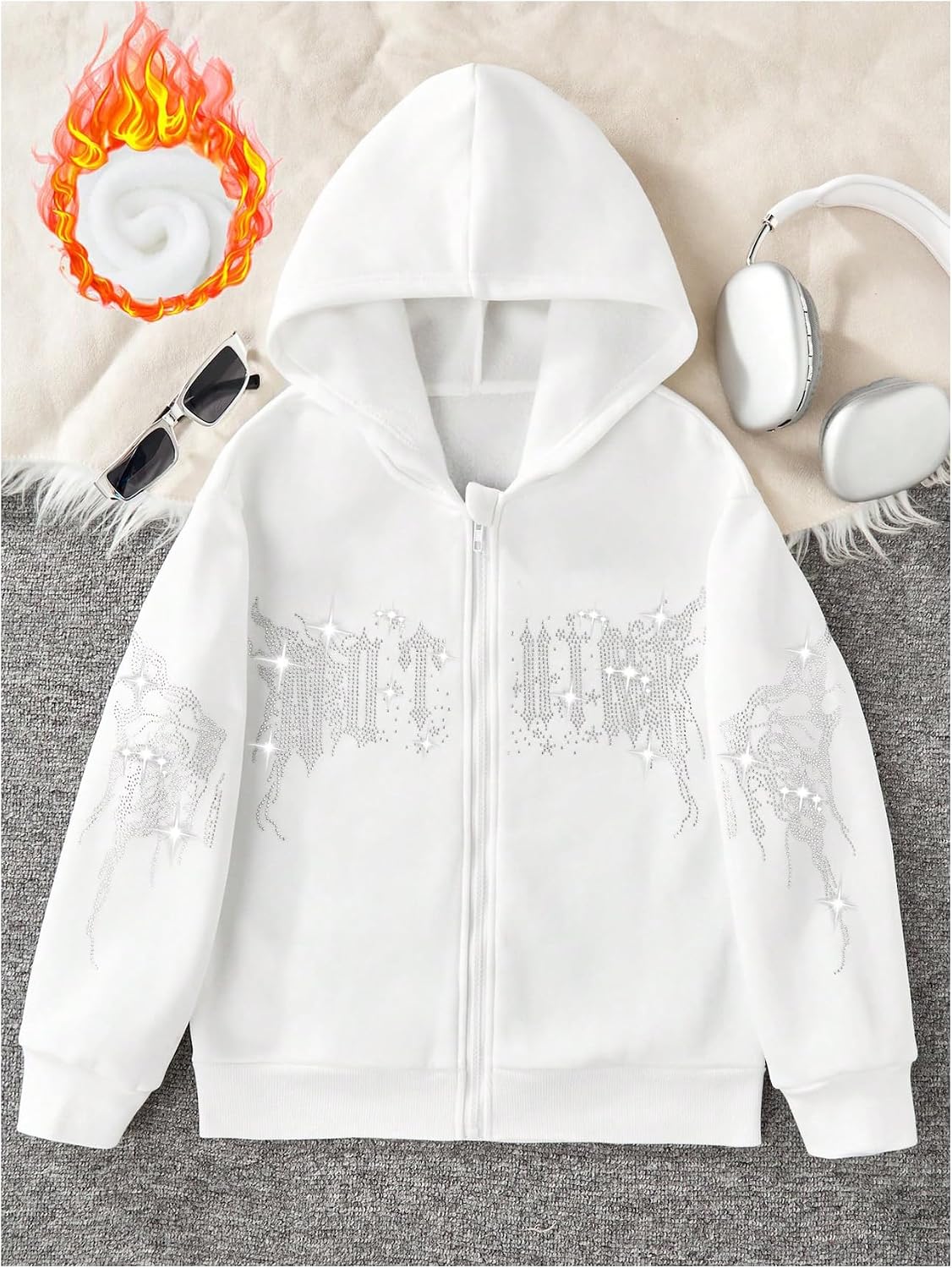 SHENHE Girl's Graphic Rhinestone Zip Up Hoodie Gothic Y2k Fleece Jacket Hoodie Sweatshirt