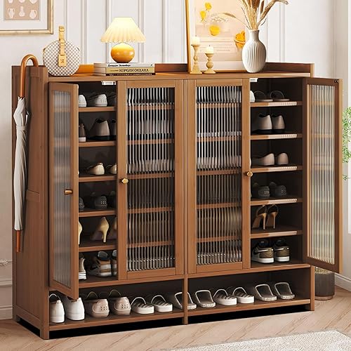 Miniatura 6 de Zapatero de bambú de 8 niveles Armario de almacenamiento de zapatos con puertas, organizador de zapatos de bambú independiente con estantes para